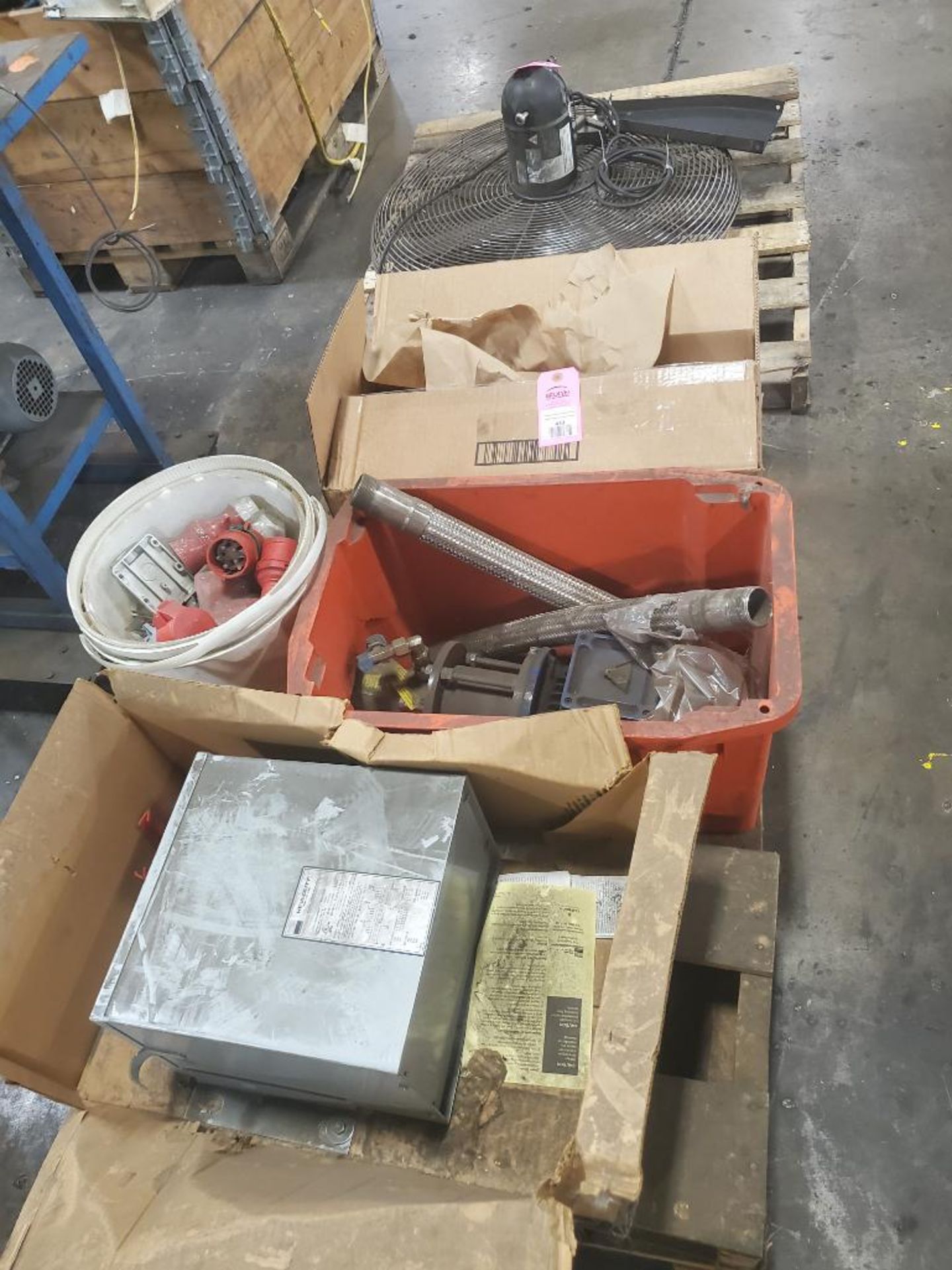 Assorted replacement parts transformer, pump, air line equipment.