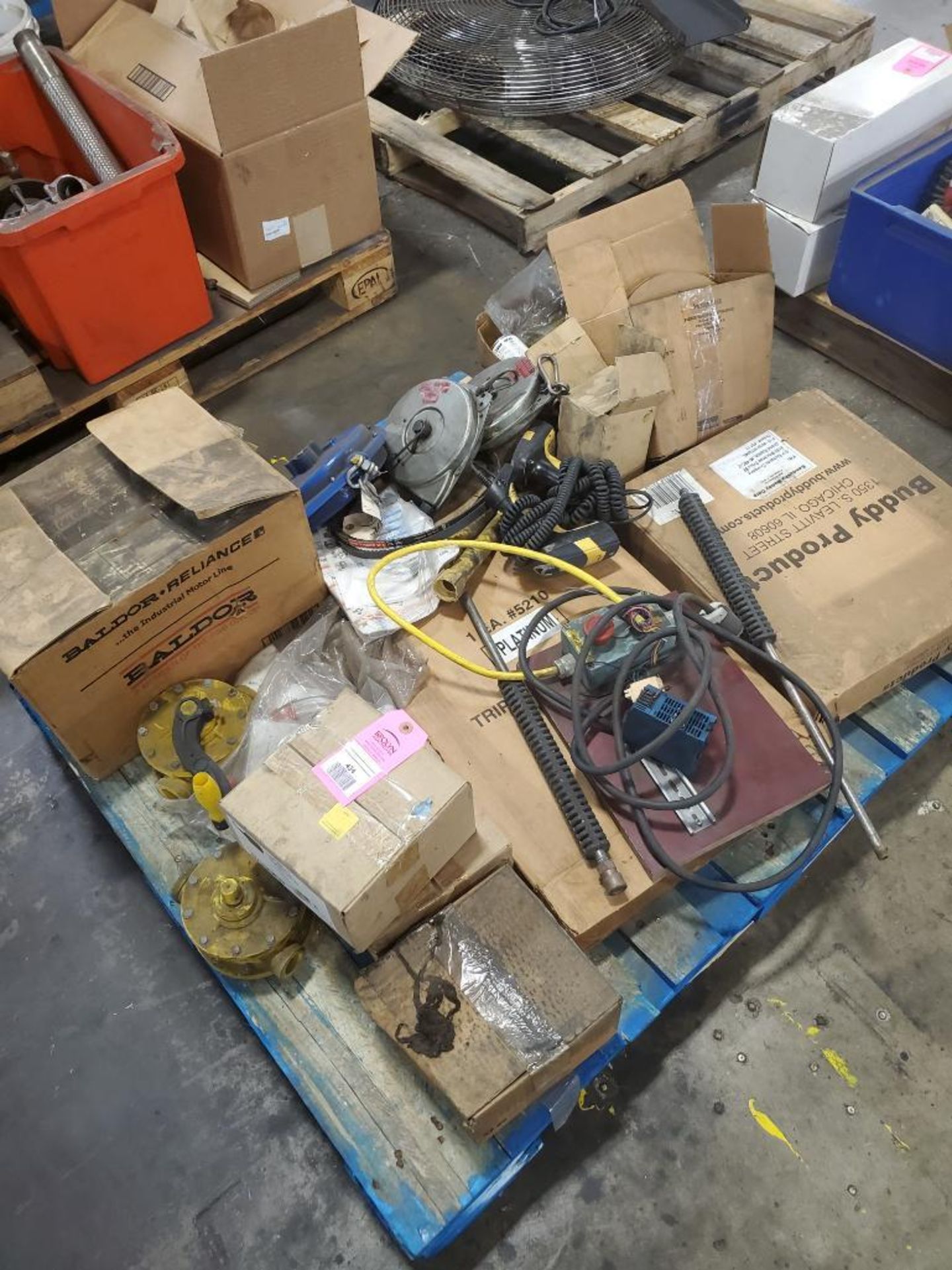 Pallet of assorted equipment. Tool balancers, scanners, air line equipment.