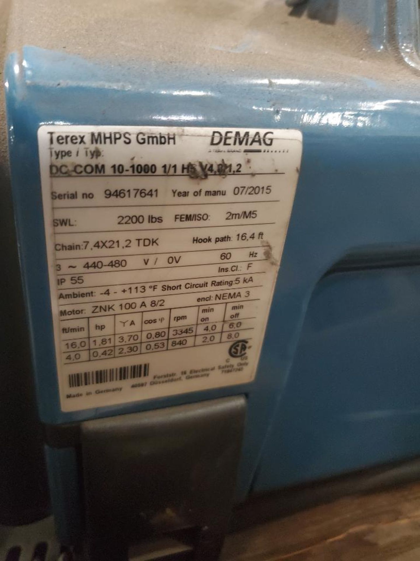 Demag Terex DC-COM 10-1000 1/1 H5, V4v3/1,2. 2200LBS electric hoist. 3PH 440-480V. - Image 4 of 4