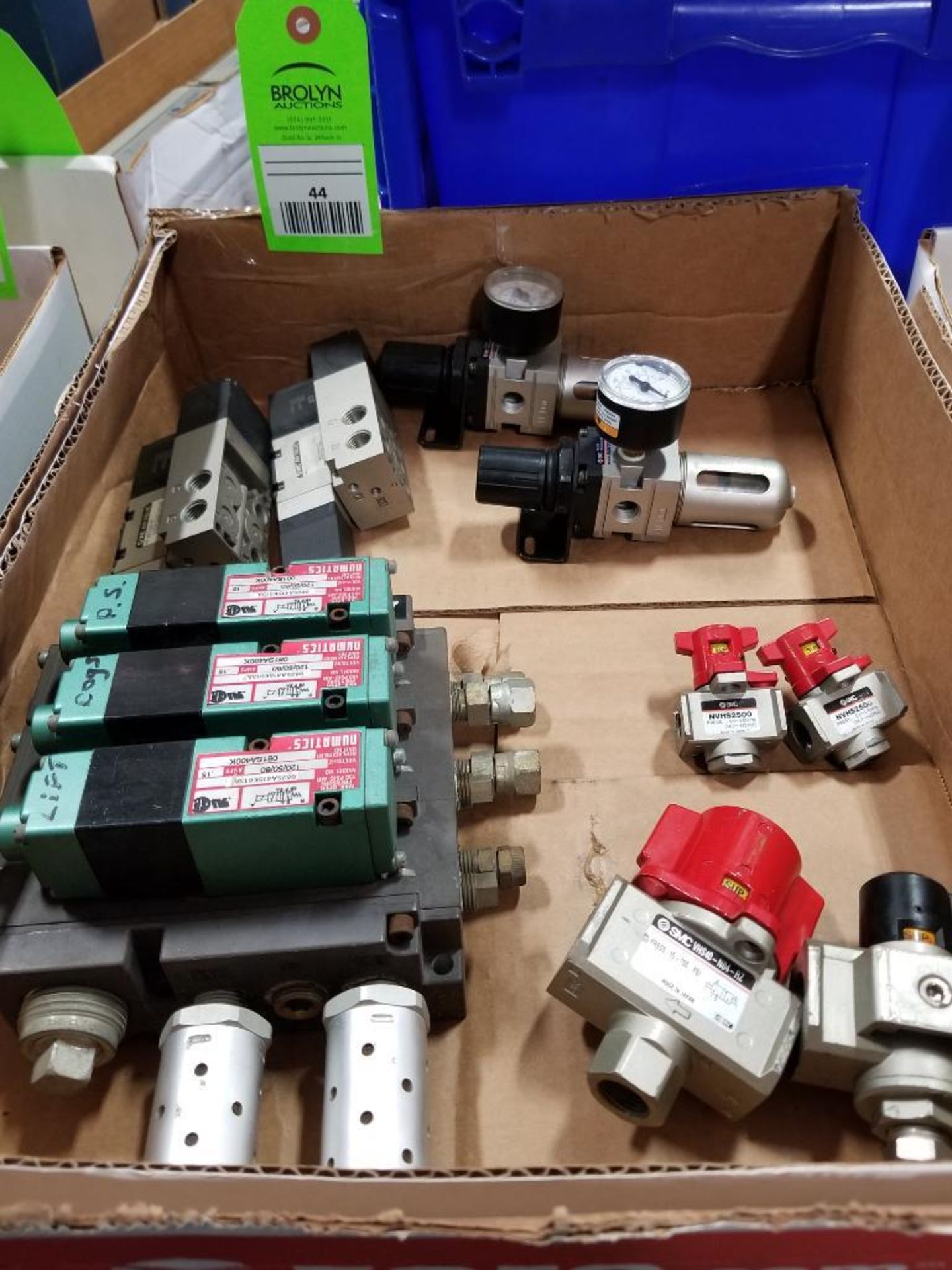 Assorted flow control valves, regulator, filter. Numatics, SMC.