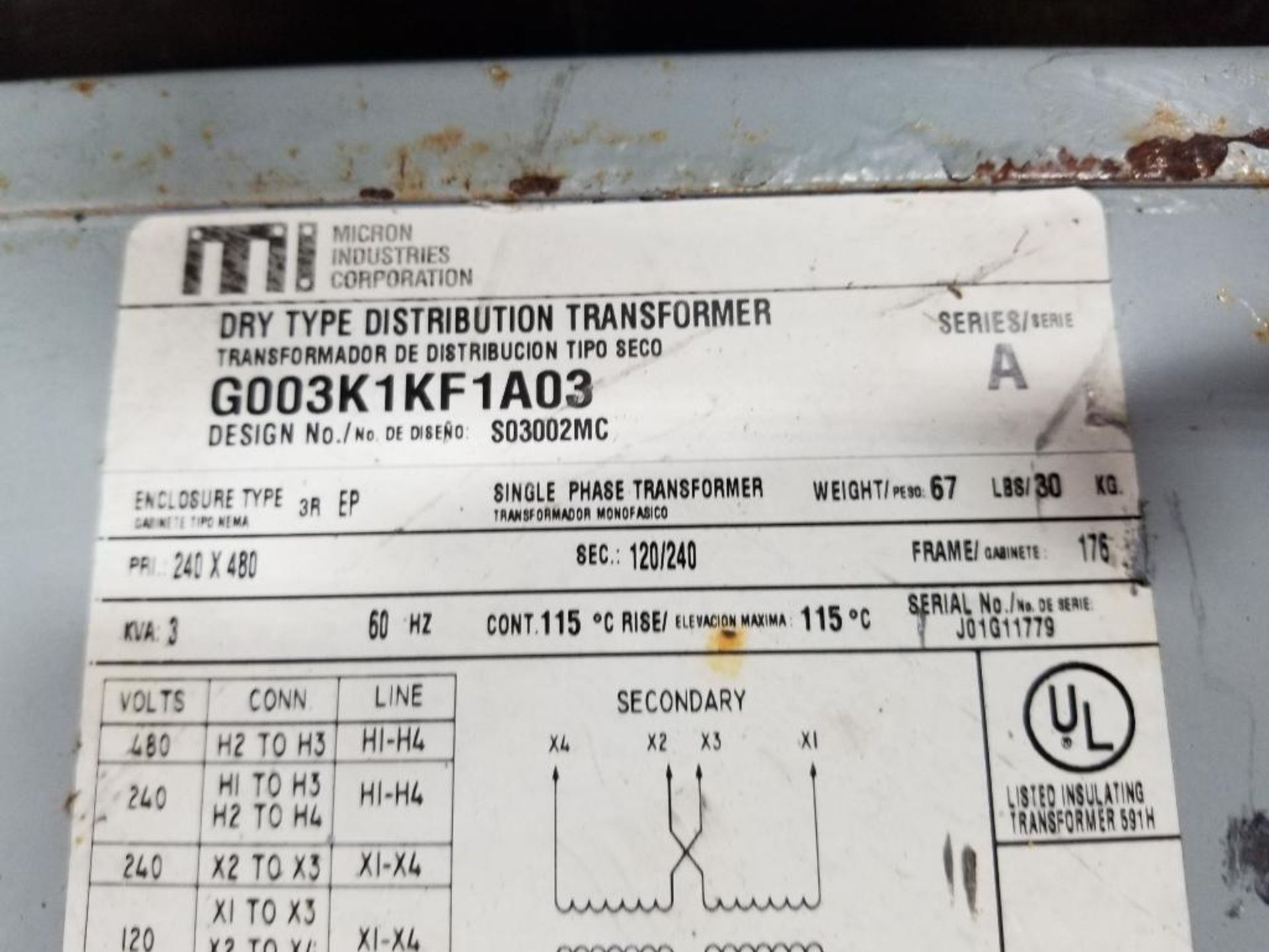 3kVa Micron industries Corp. G003K1KF1A03 dry type distribution transformer. 3KVA. - Image 2 of 4