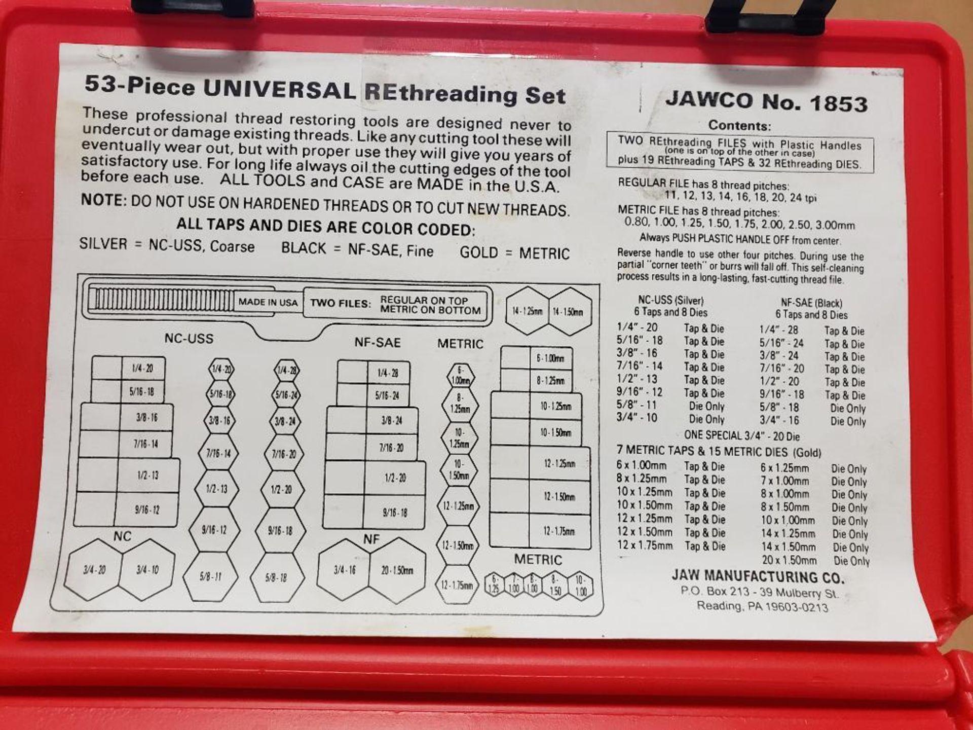 JAWCO 1853 53-piece universal rethreading set. - Image 2 of 5