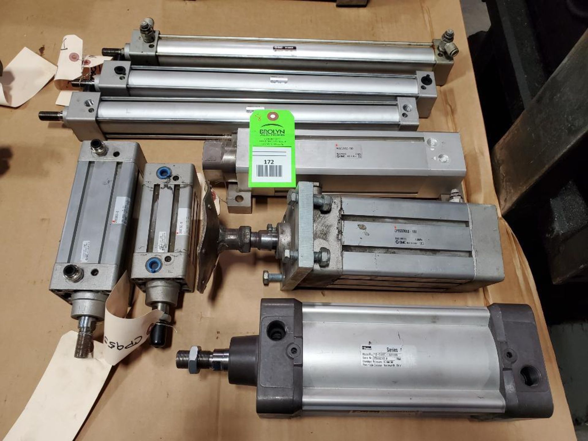 Qty 8 - Assorted pneumatic cylinders. SMC, Parker.