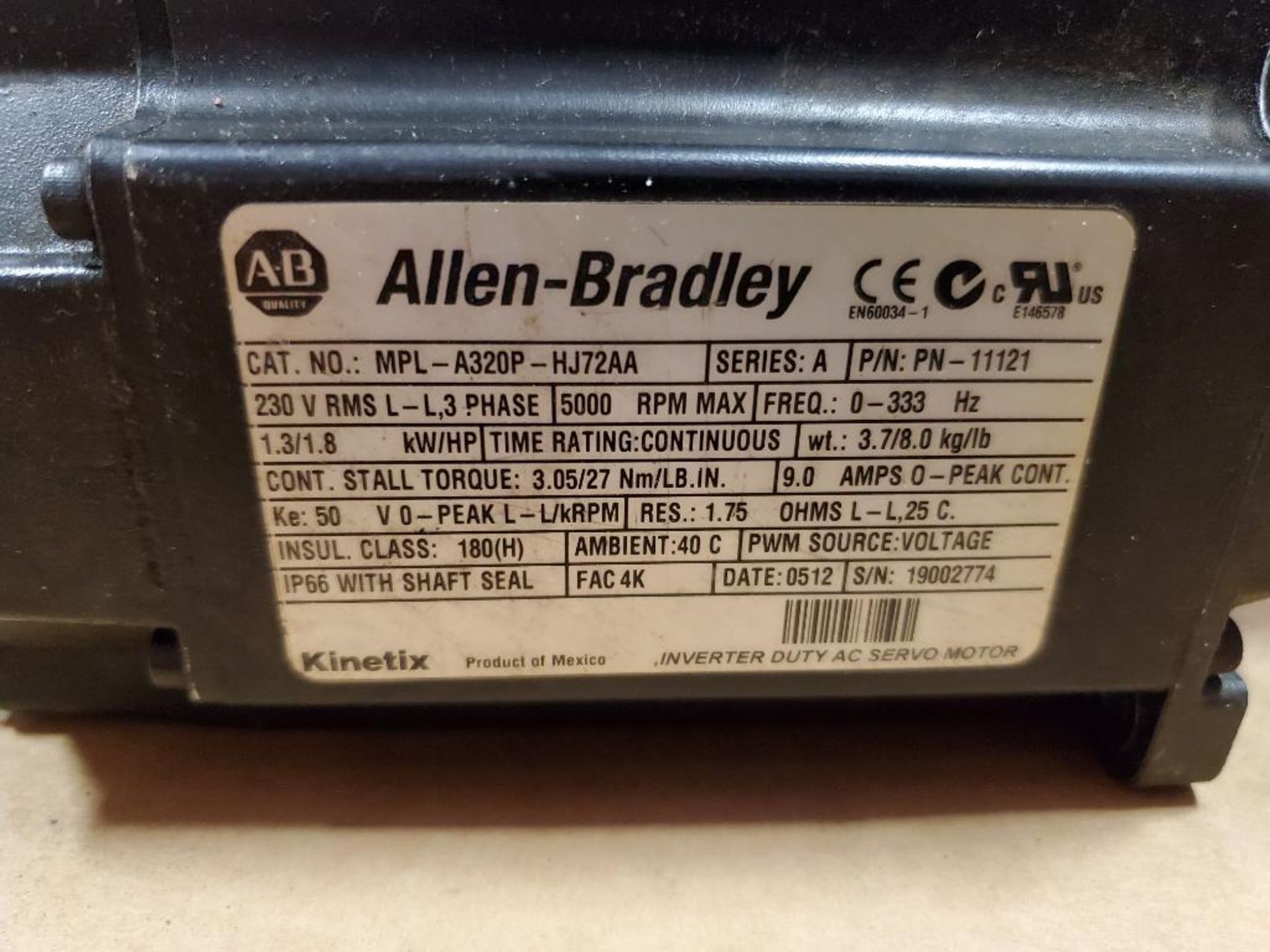 Allen Bradley servo motor. Catalog MPL-A310P-HJ72AA. - Image 2 of 4