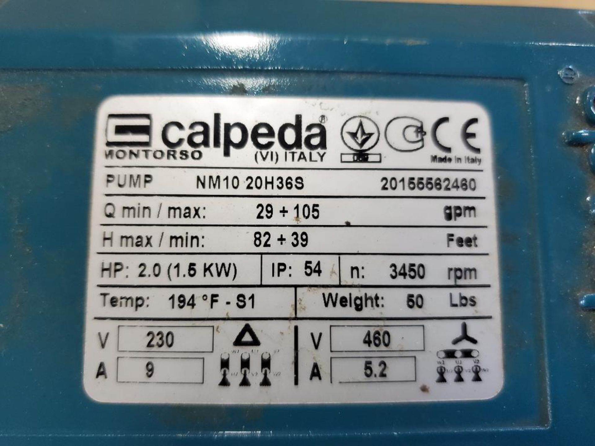 Calpeda pump. Part number NM10-20H36S. 3ph 230v - Image 2 of 6