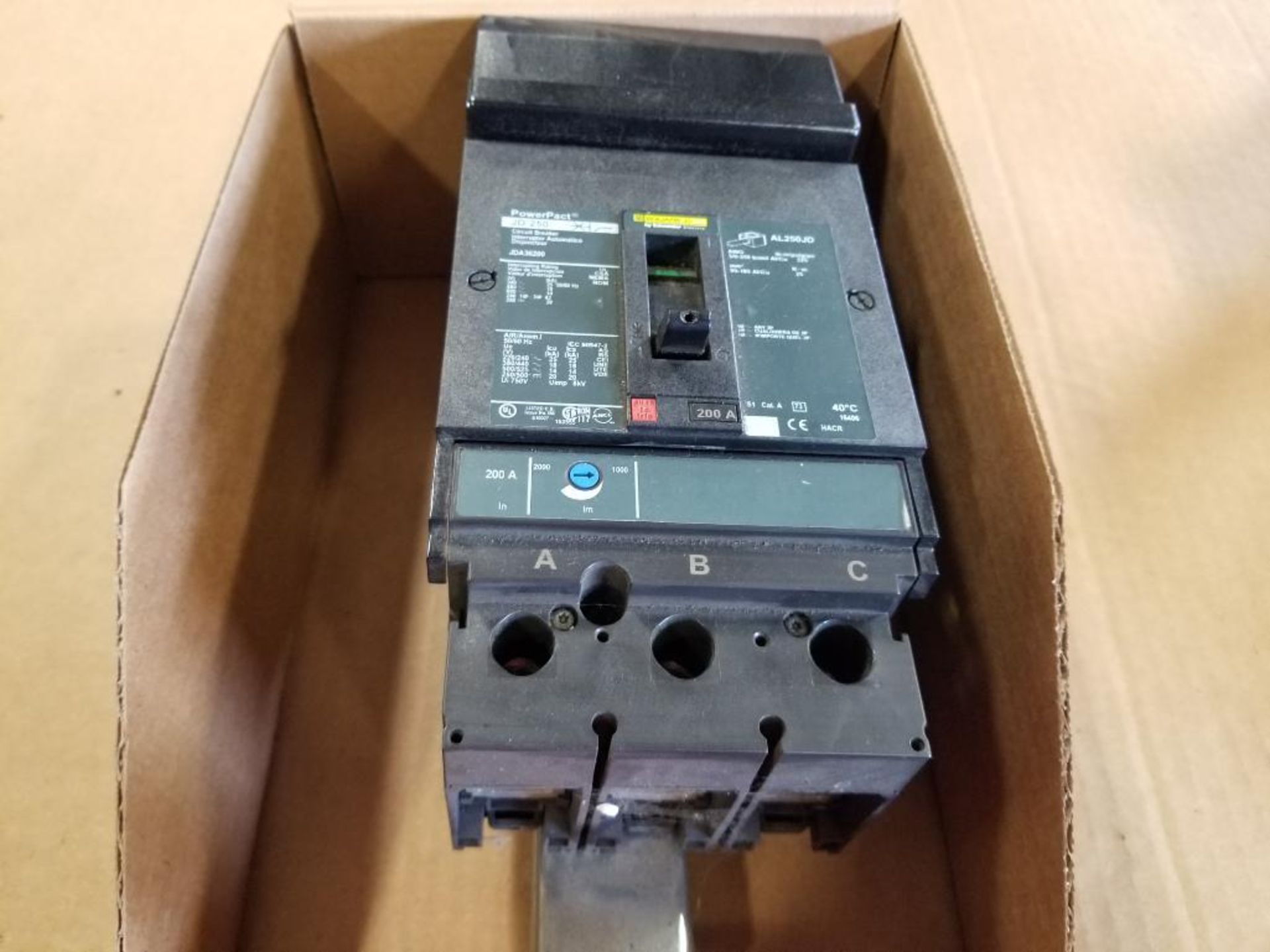 Square D PowerPact circuit breaker. Part number JDA36200.