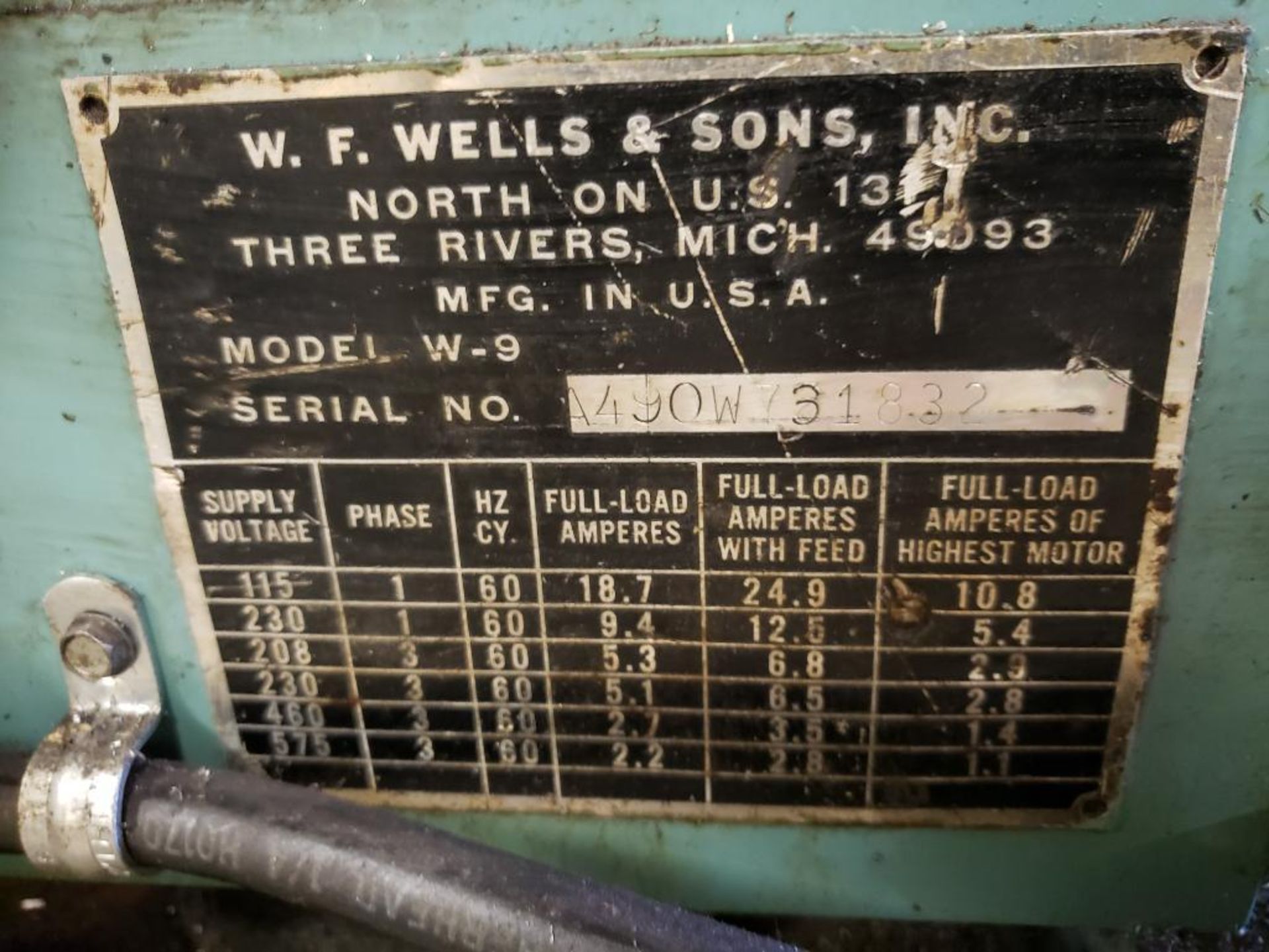 WF Wells Band Saw. Model W9. Serial number A490W731832. Includes new coolant pump. - Image 8 of 9