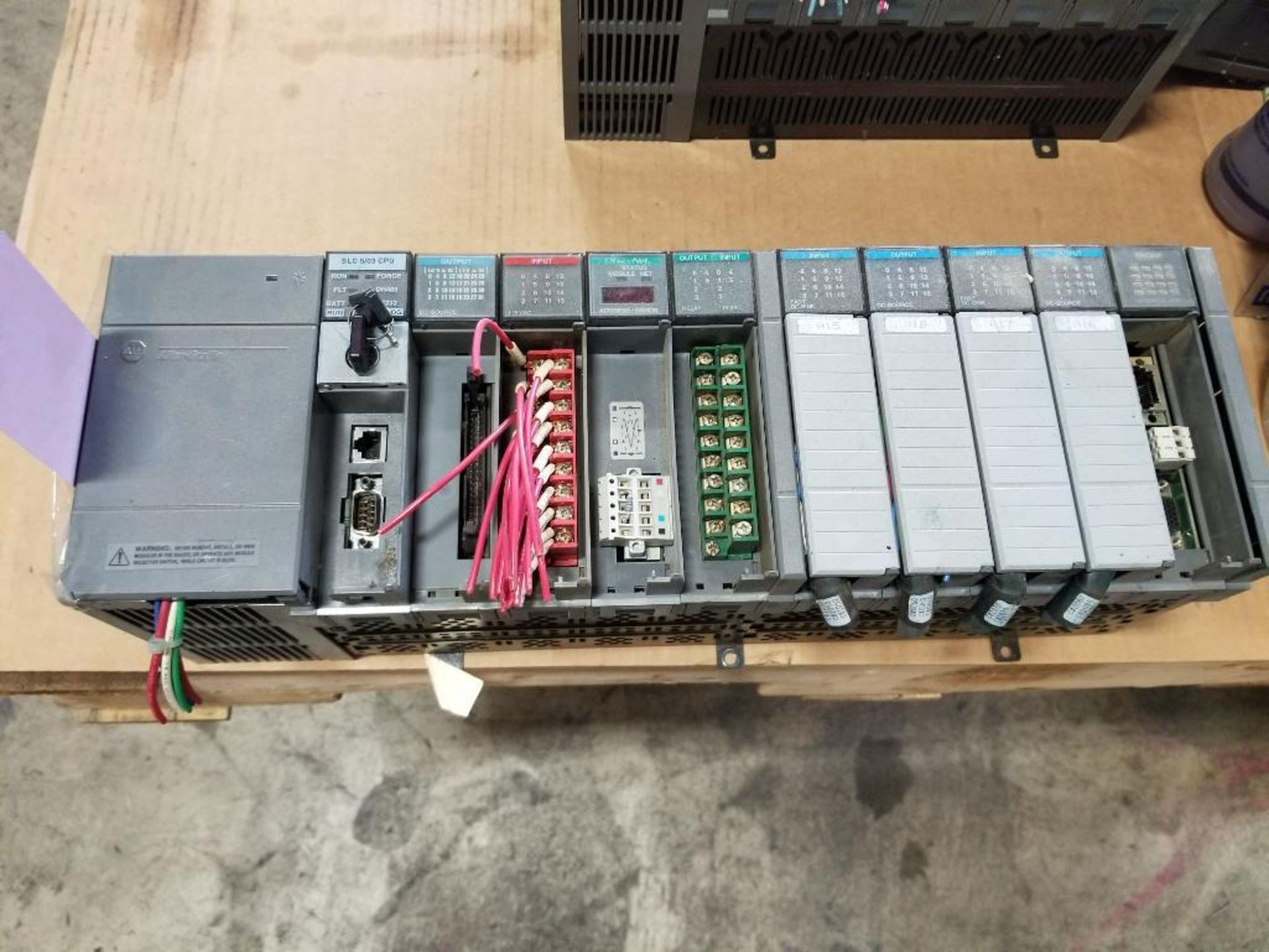 Allen Bradley SLC PLC rack with cards.