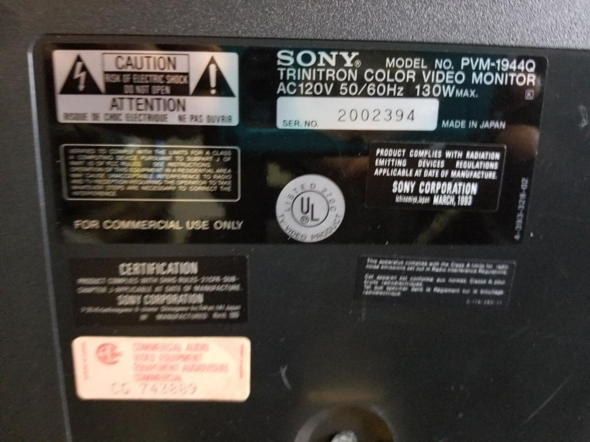 Sony broadcast monitor. Model number PVM-1944Q. - Image 7 of 9