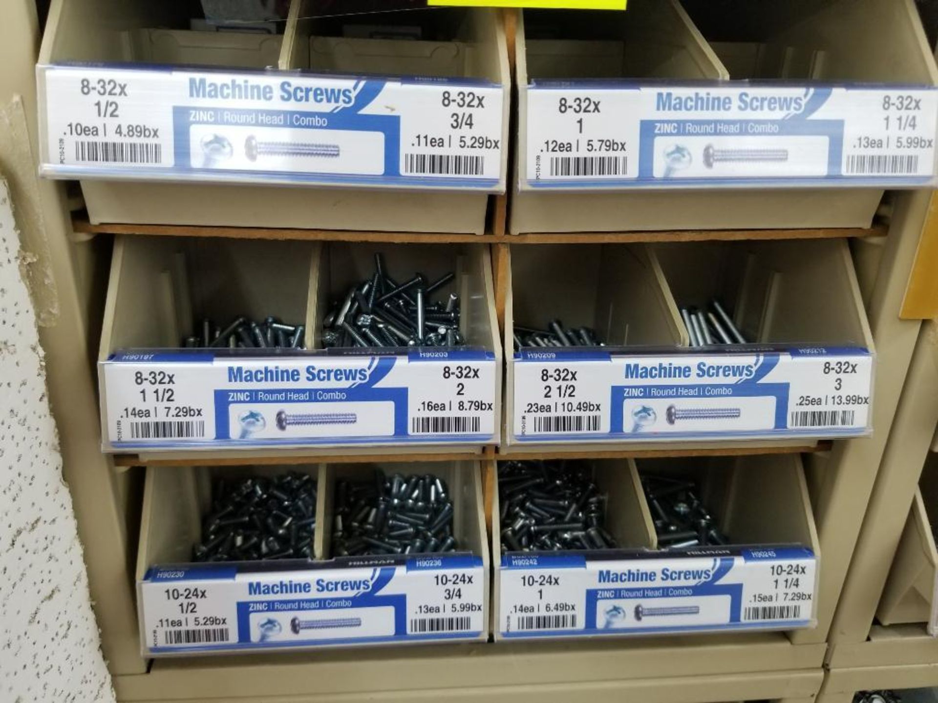 Full column section of bolt fastener display with bins, contents in bins and on top. - Image 8 of 11