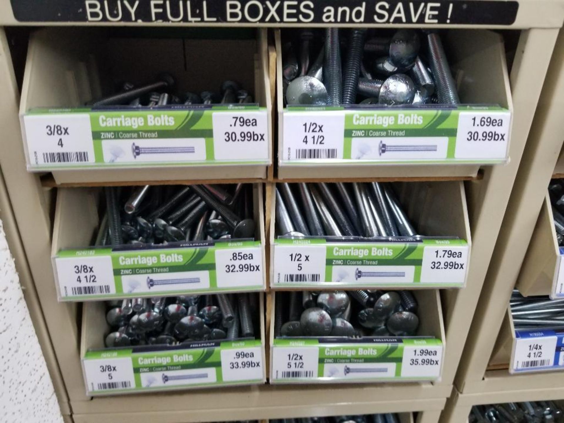 Full column section of bolt fastener display with bins, contents in bins and on top. - Image 8 of 9