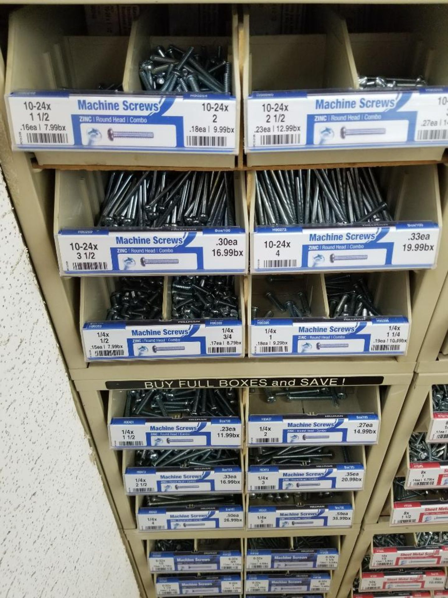 Full column section of bolt fastener display with bins, contents in bins and on top. - Image 2 of 11