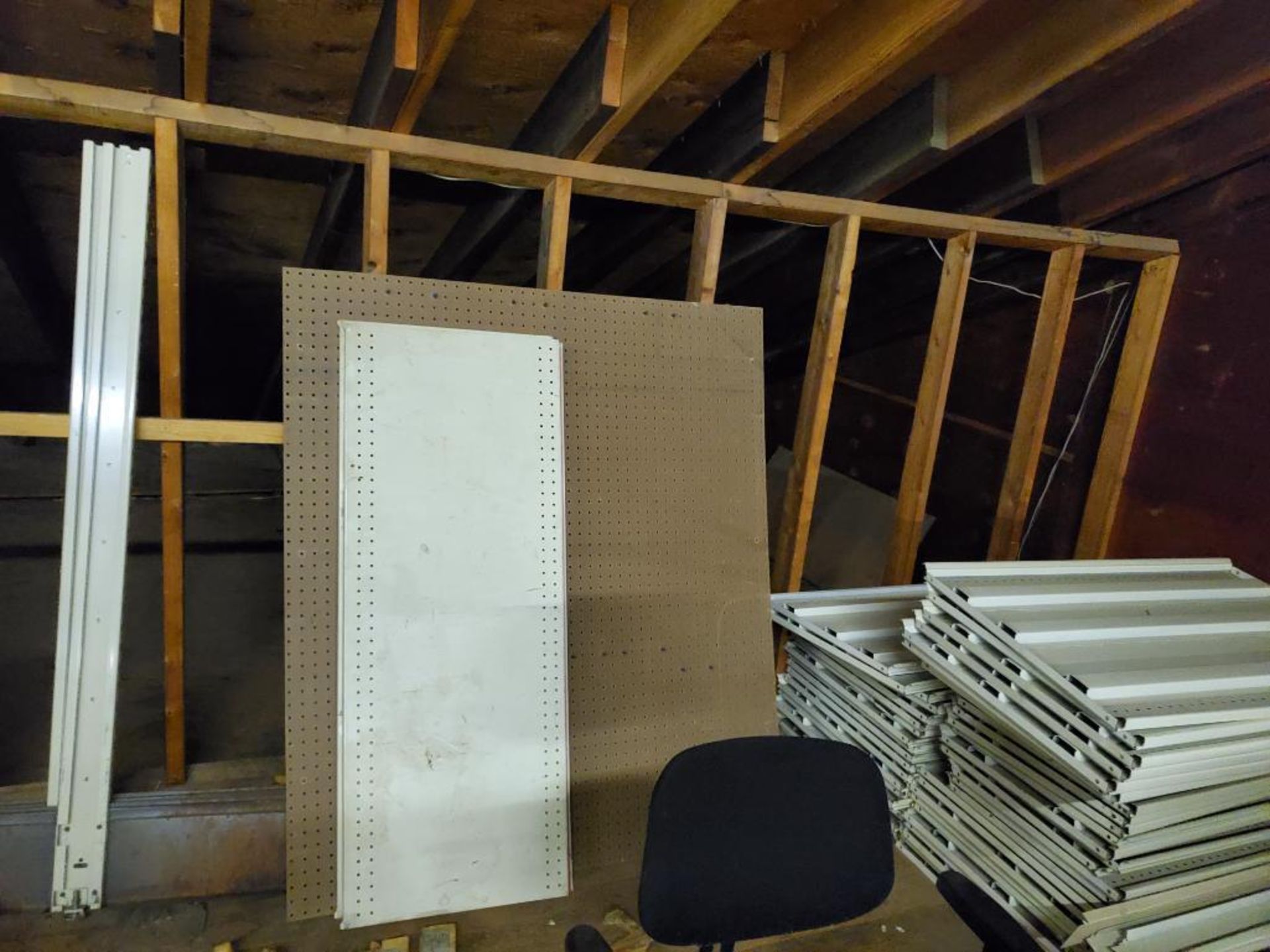 Large assortment of shelving components in attic. - Image 8 of 17