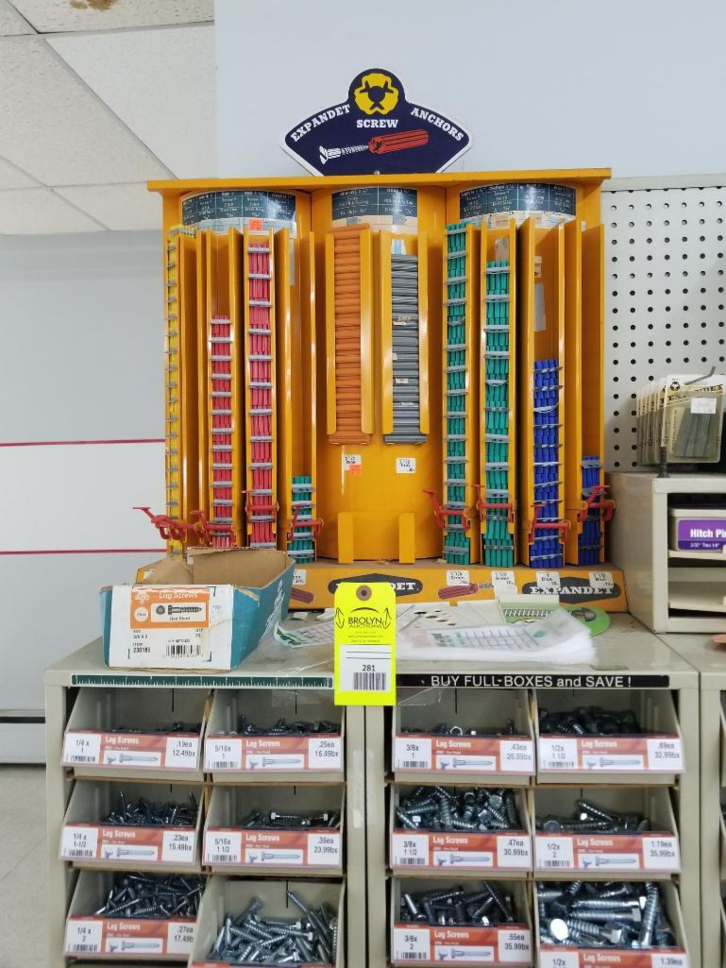 Qty 2 - Full column section of bolt fastener display with bins, contents in bins and on top. - Image 2 of 9