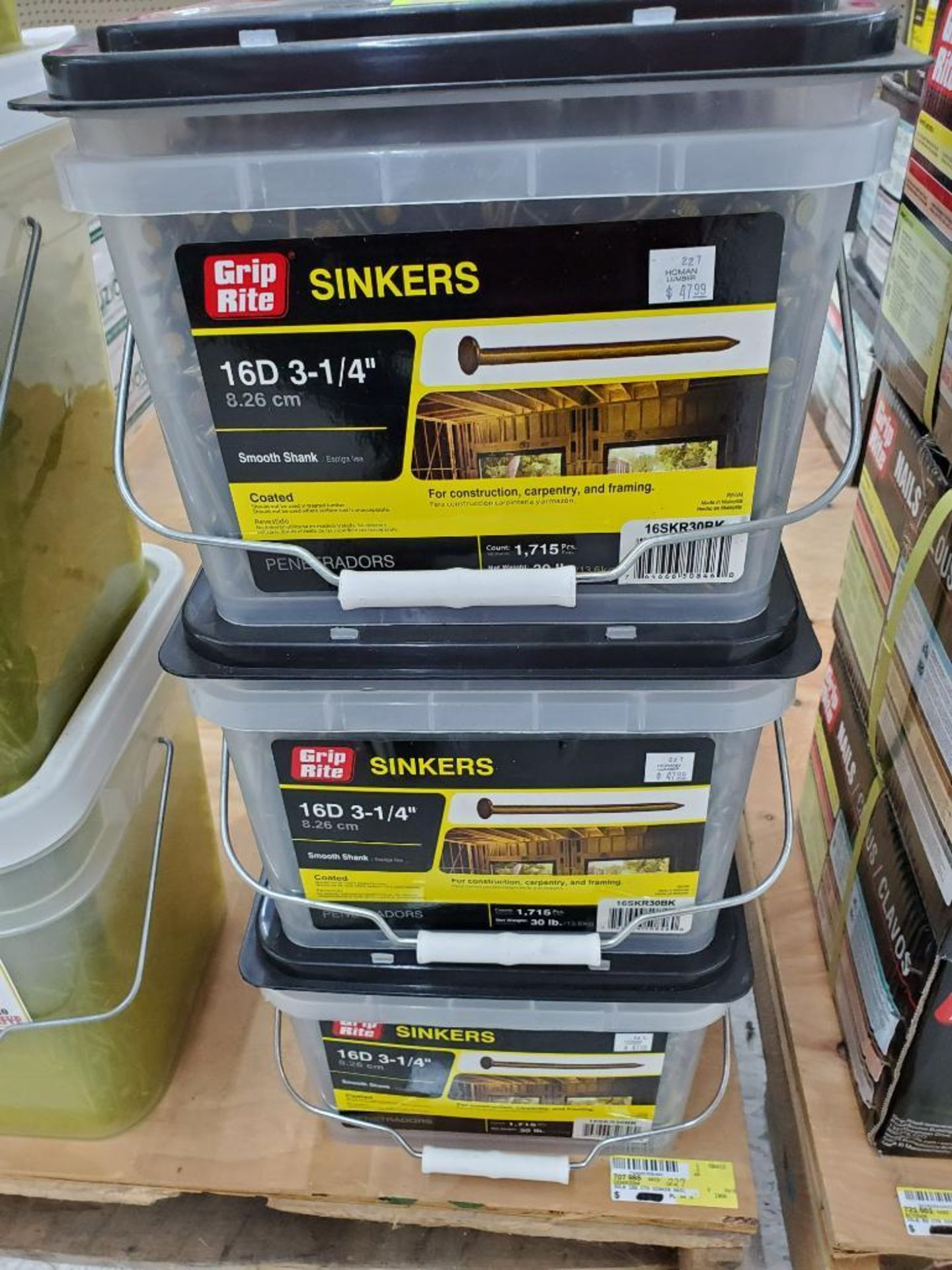 Qty 3 - 30lb boxes of 16D 3-1/4" coated sinker nails. New stock.