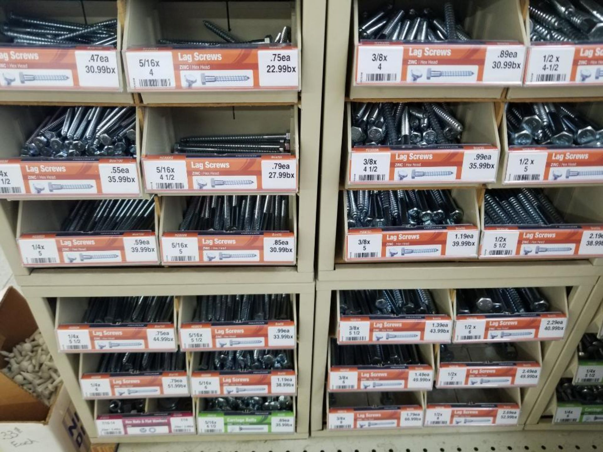 Qty 2 - Full column section of bolt fastener display with bins, contents in bins and on top. - Image 8 of 9