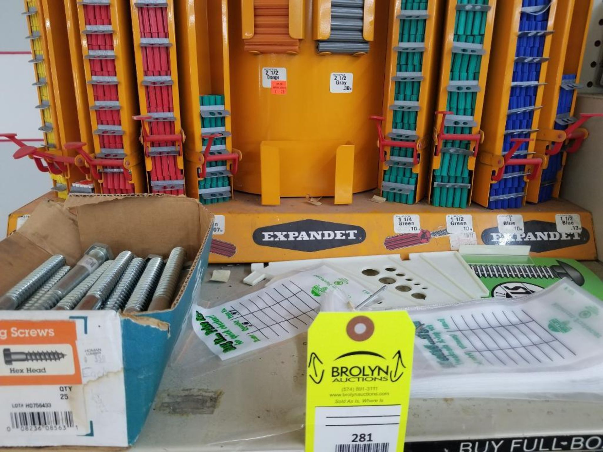 Qty 2 - Full column section of bolt fastener display with bins, contents in bins and on top. - Image 5 of 9