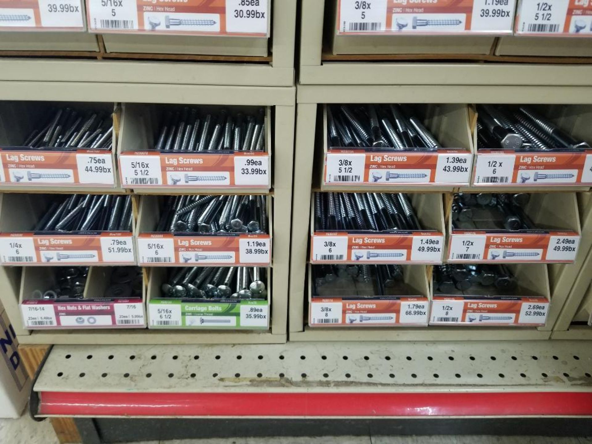 Qty 2 - Full column section of bolt fastener display with bins, contents in bins and on top. - Image 9 of 9