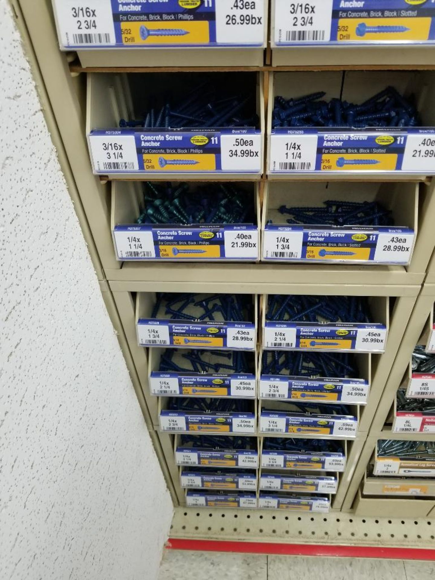 Full column section of bolt fastener display with bins, contents in bins and on top. - Image 2 of 11