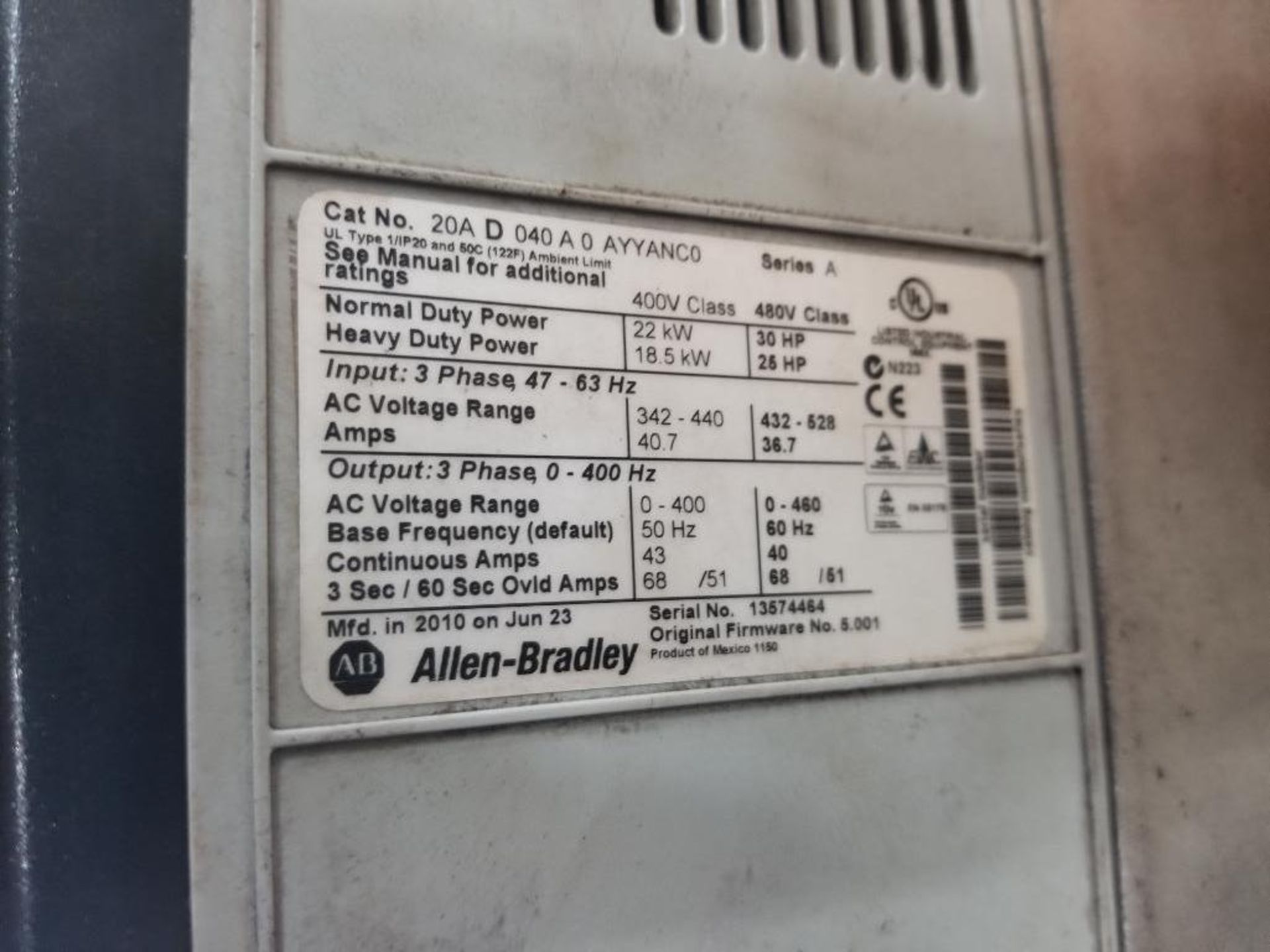 Allen Bradley PowerFlex 70 variable frequency drive. 20A-D-040-A-0-AYYANC0. - Image 3 of 3