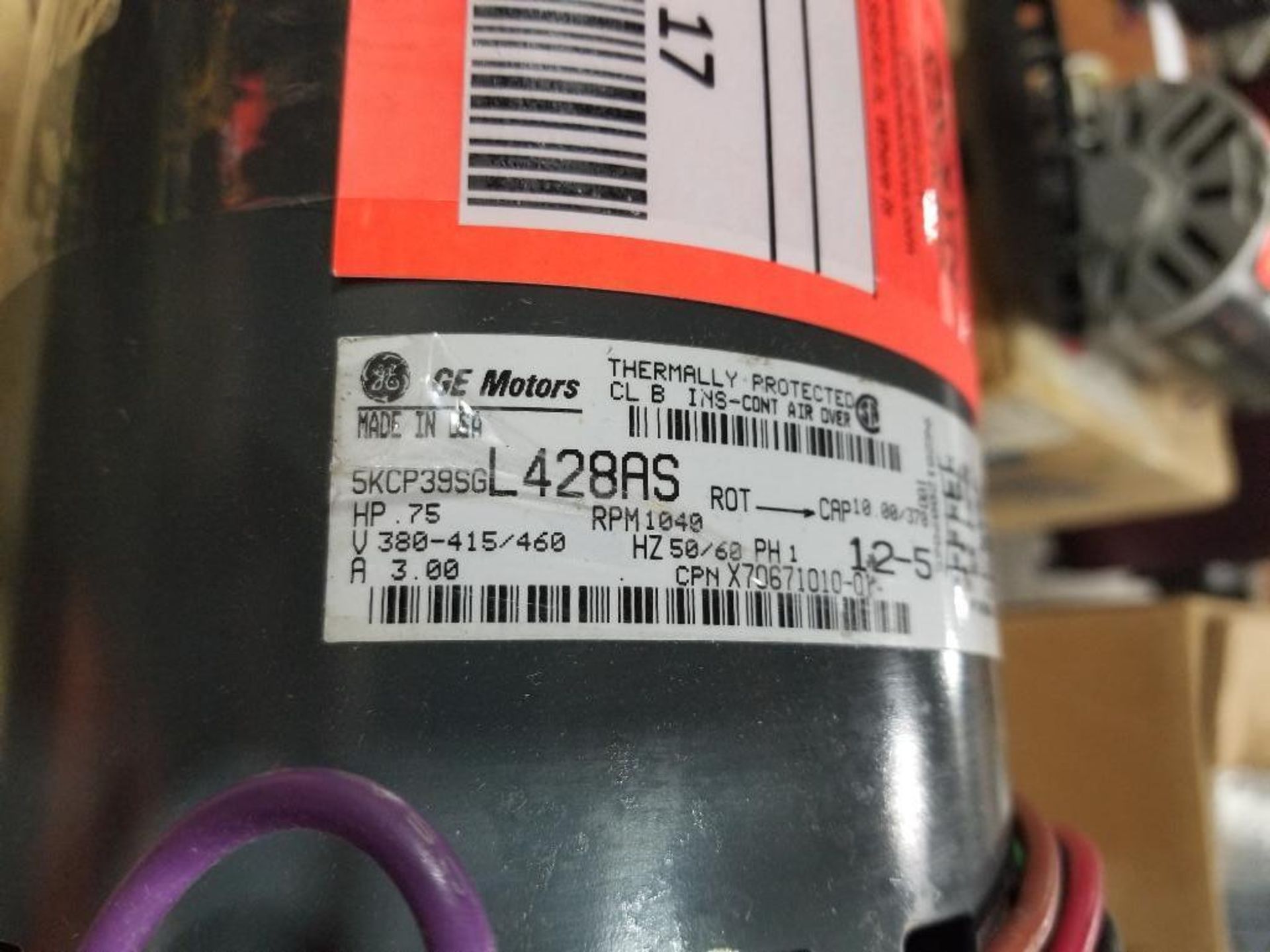 .75HP GE Motors air over 5KCP39SG-L428AS. 1PH, 380-415/460V, 1040RPM. New. - Image 3 of 7