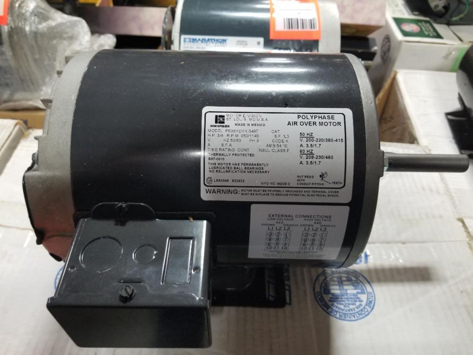 3/4HP Emerson P63SYDYK-3497 Polyphase air over motor. 3PH, 208-230/460V, 1140RPM. New. - Image 2 of 6