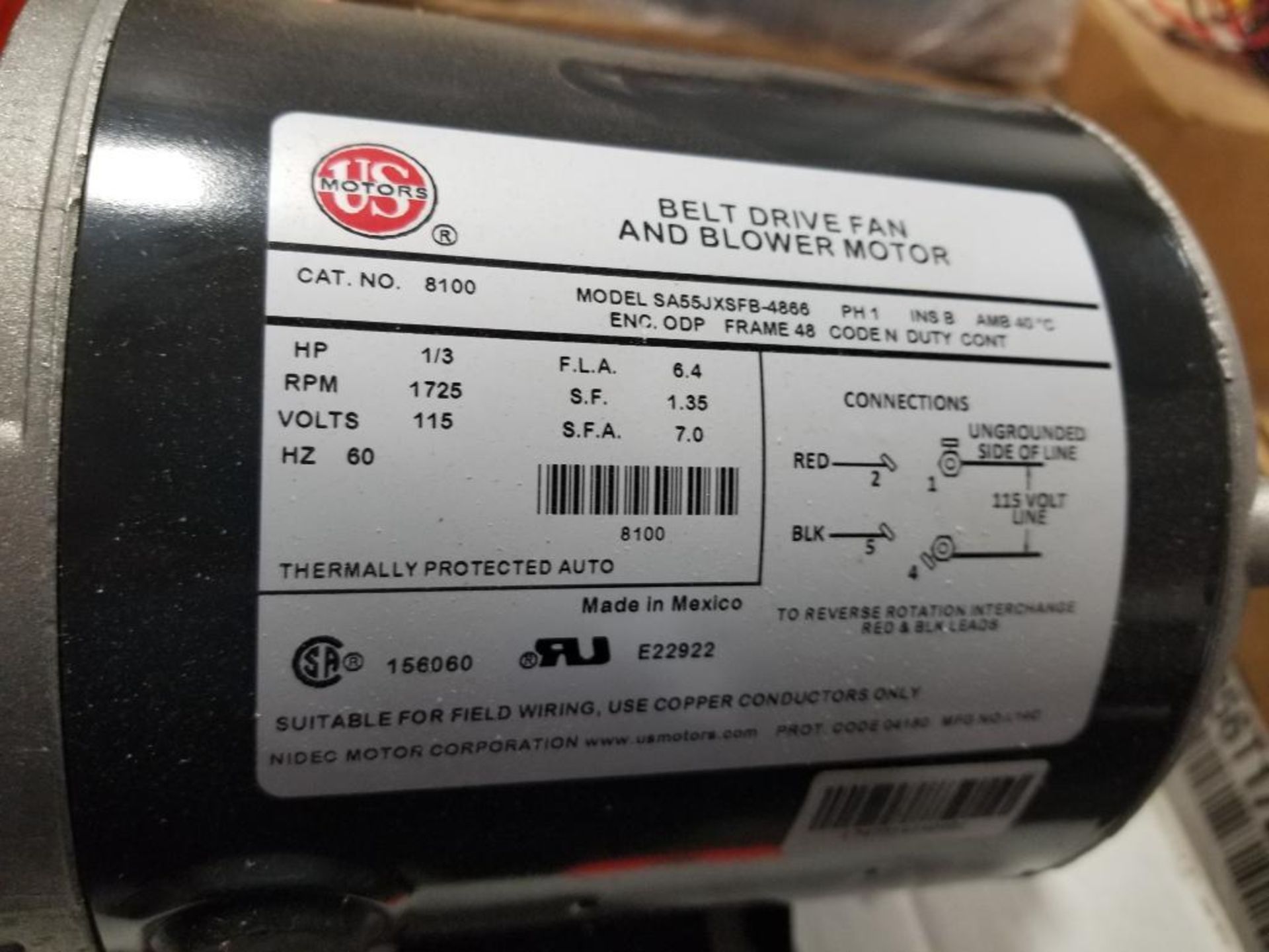 1/3HP US Motors 8100 belt drive fan and blower motor SA55JXSFB-4866. 1PH, 115V, 1725RPM. New. - Image 3 of 6