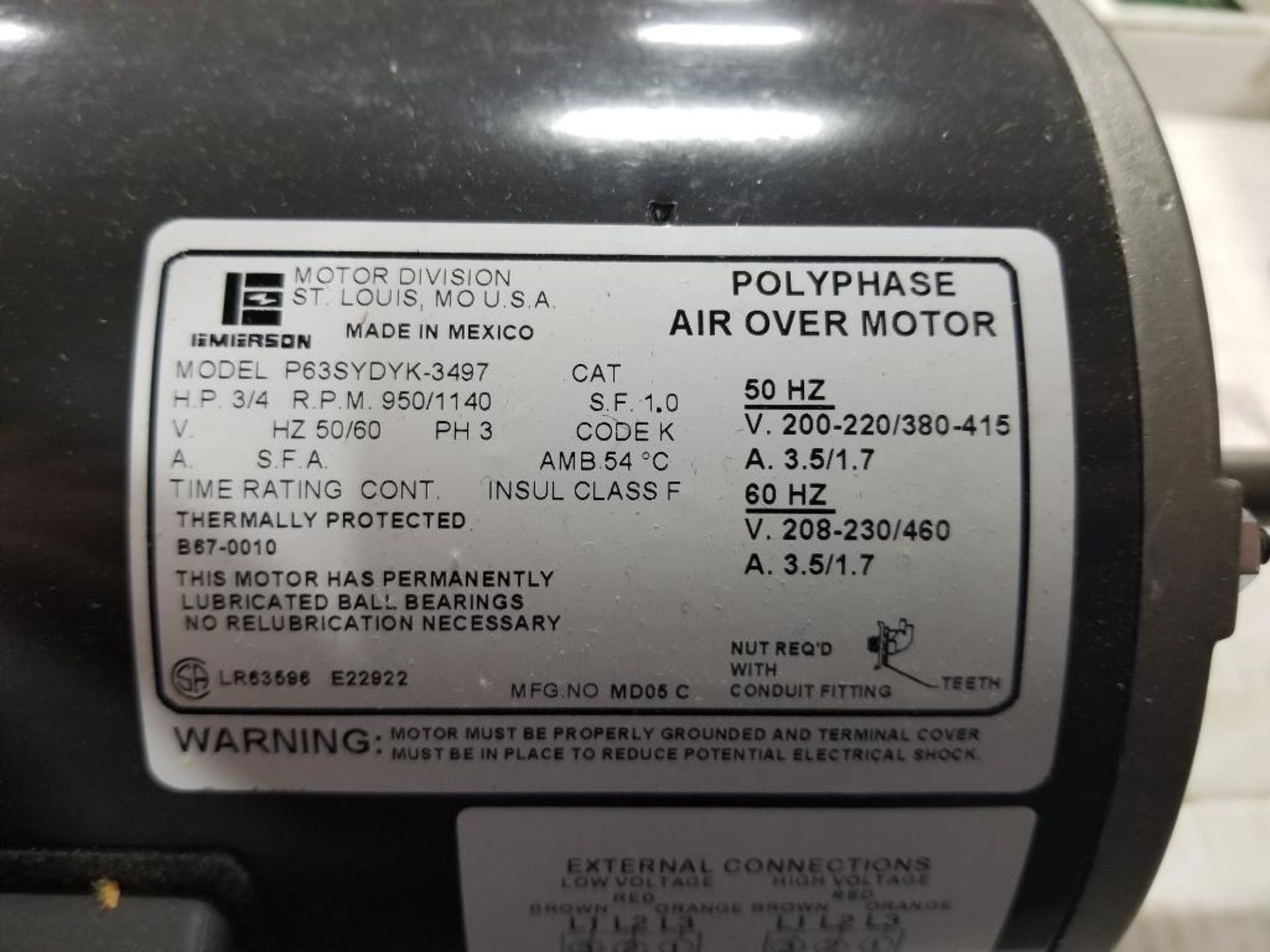 3/4HP Emerson P63SYDYK-3497 Polyphase air over motor. 3PH, 208-230/460V, 1140RPM. New. - Image 3 of 6