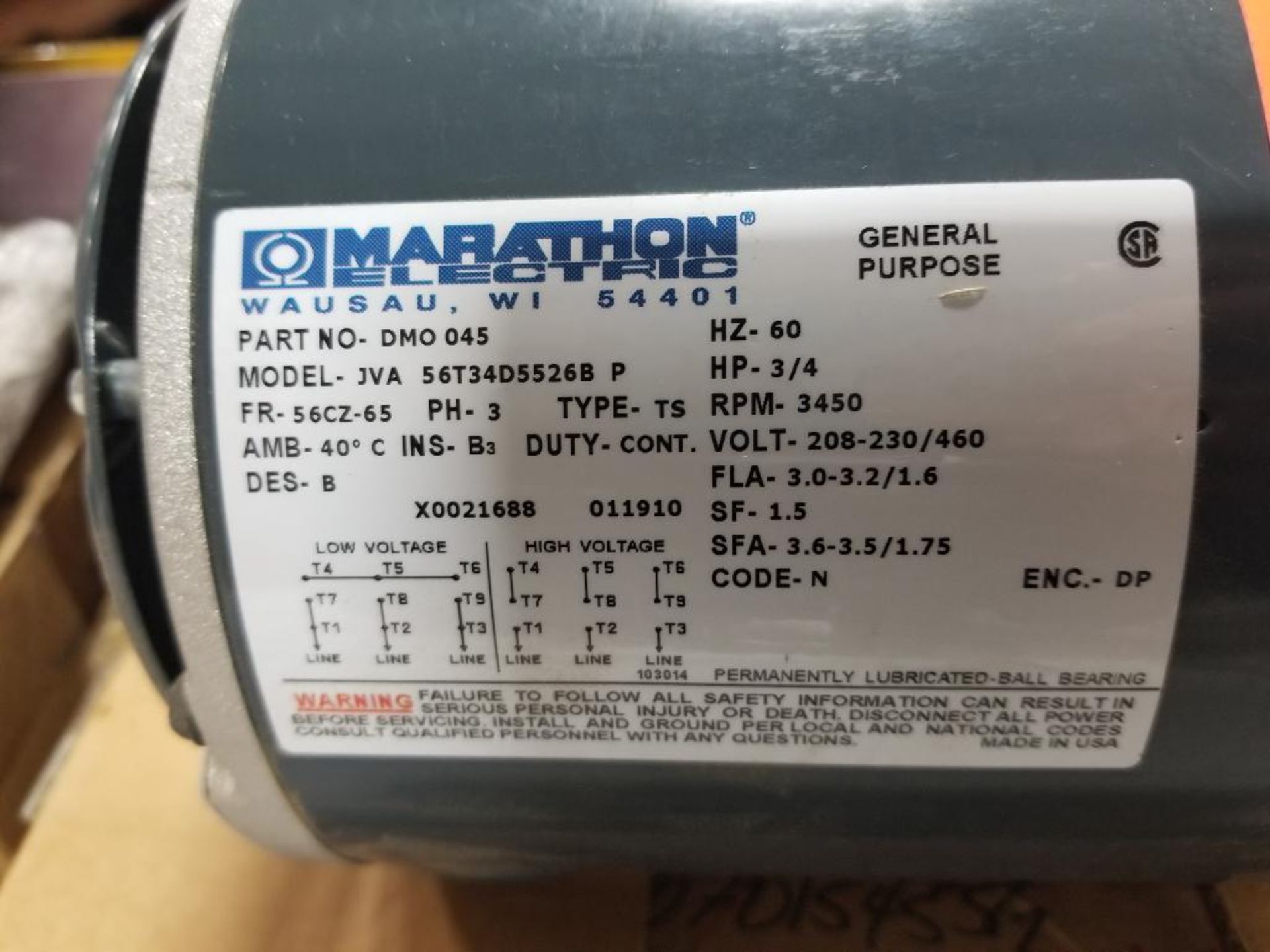 3/4HP Marathon Electric General purpose motor DMO-045. JVA-56T34D5526B-P. 3PH, 208-230/460V, 3450RPM - Image 2 of 4