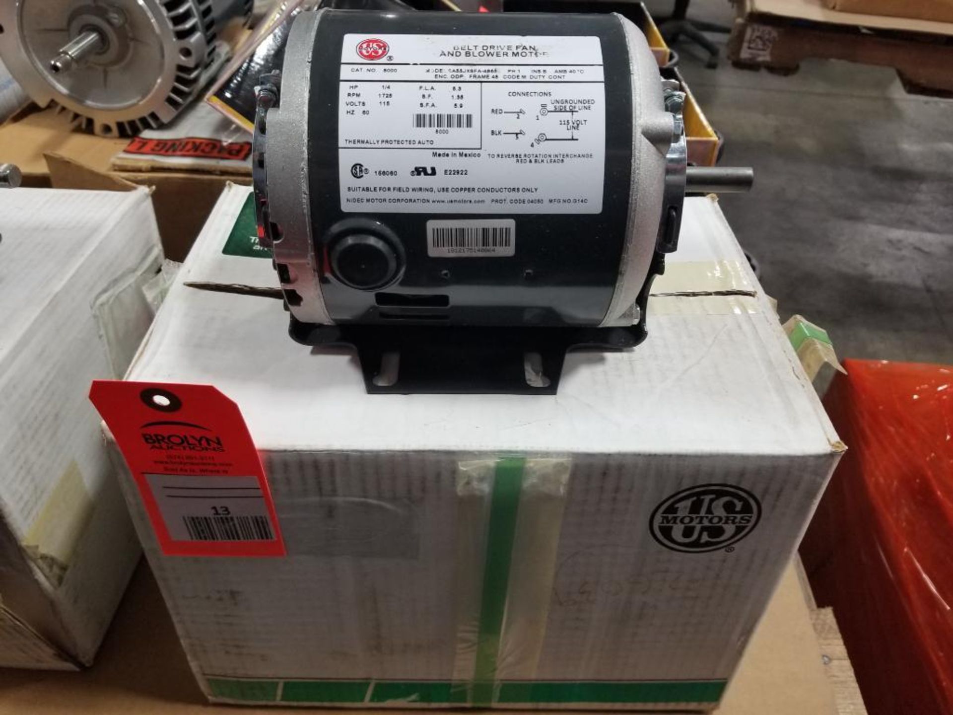 1/4HP US Motors 8000 belt drive fan and blower motor SA55JXSFA-4865. 1PH, 115V, 1725RPM. New.