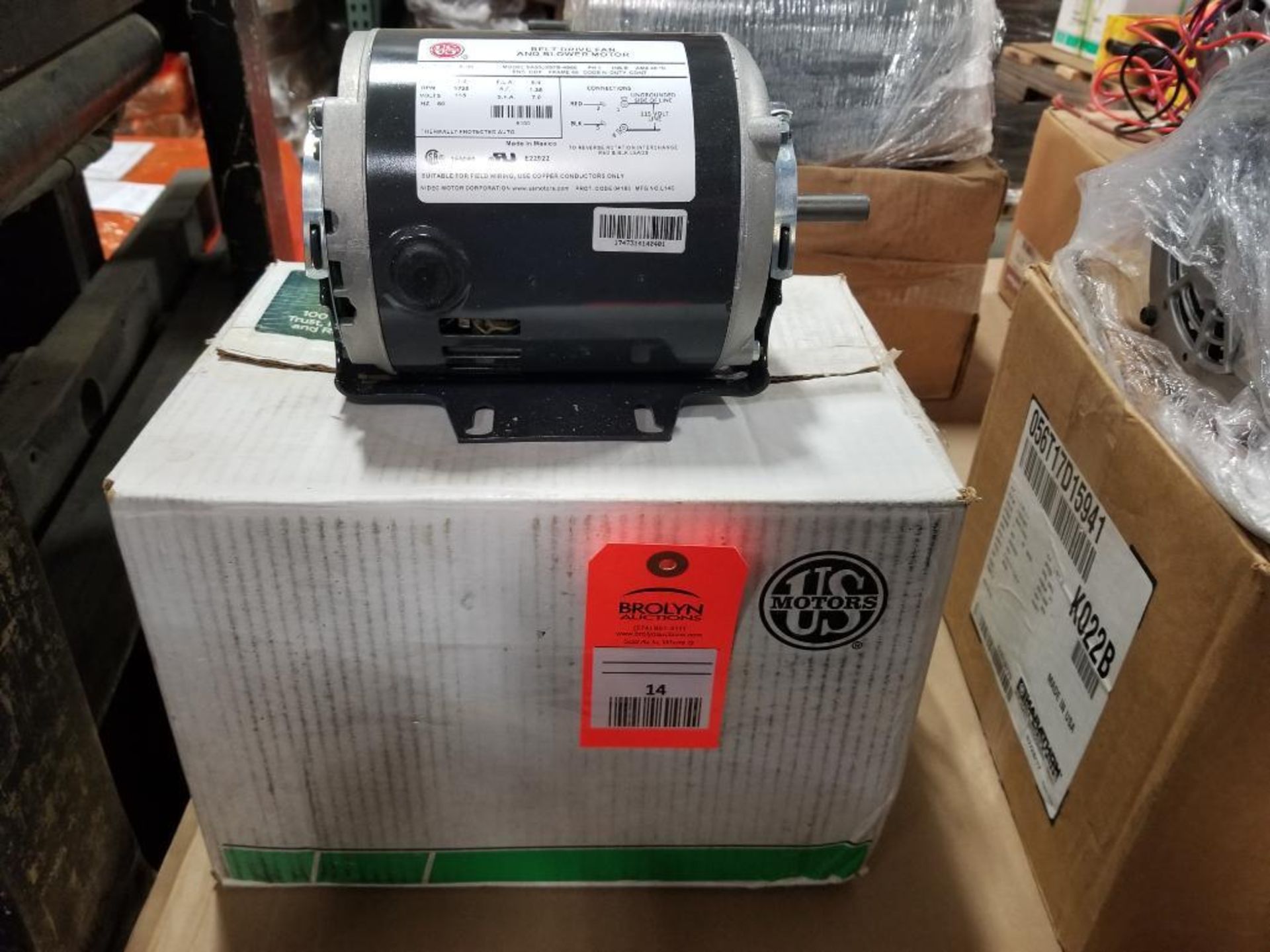 1/3HP US Motors 8100 belt drive fan and blower motor SA55JXSFB-4866. 1PH, 115V, 1725RPM. New.