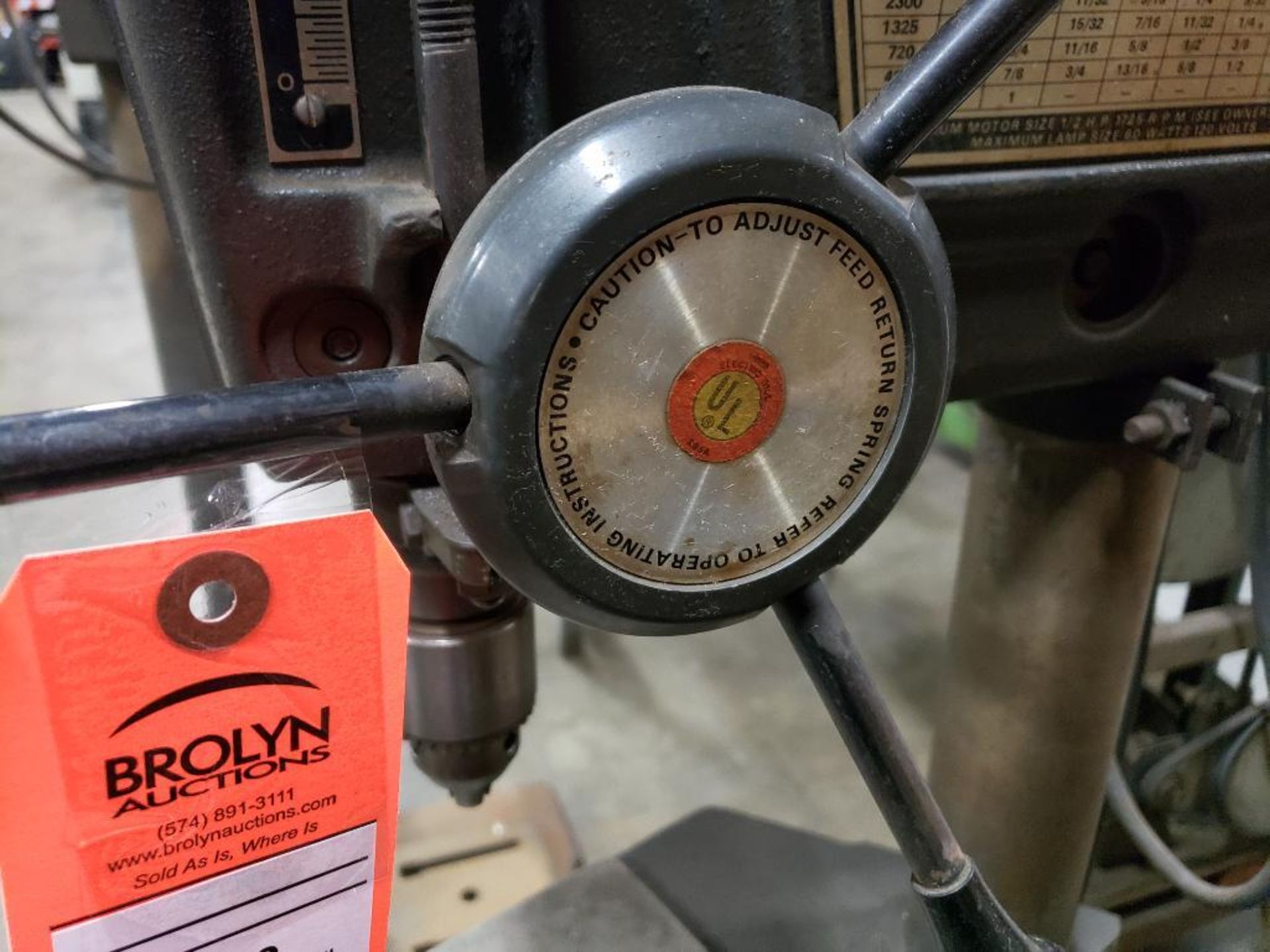 Sears Craftsman drill press. 1/2HP motor, 115/230V, 1PH, 1725RPM. - Image 6 of 10