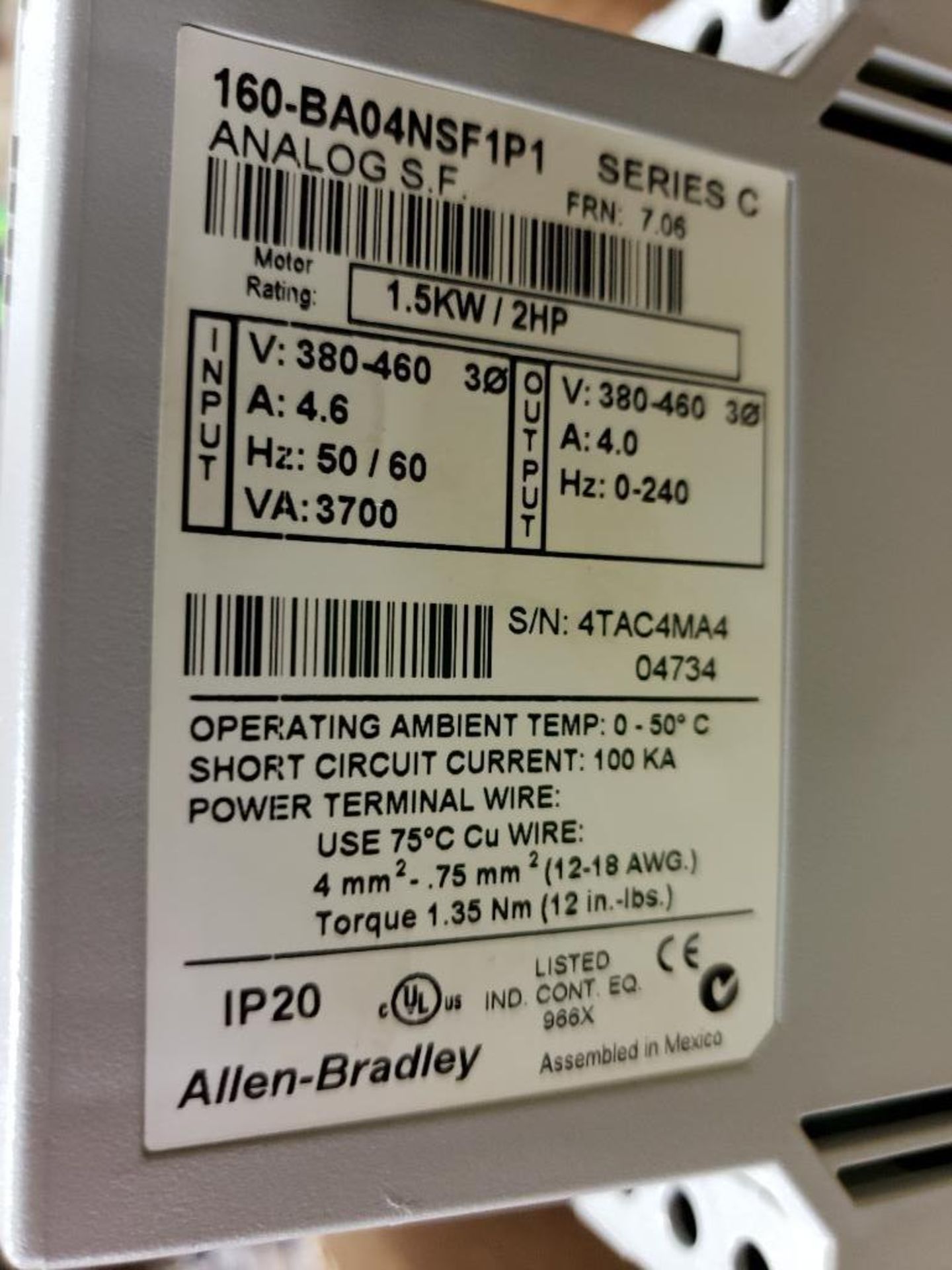 Qty 2 - Allen Bradley 1.5kw/2HP drive. 160-BA04NSF1P1. - Image 4 of 4