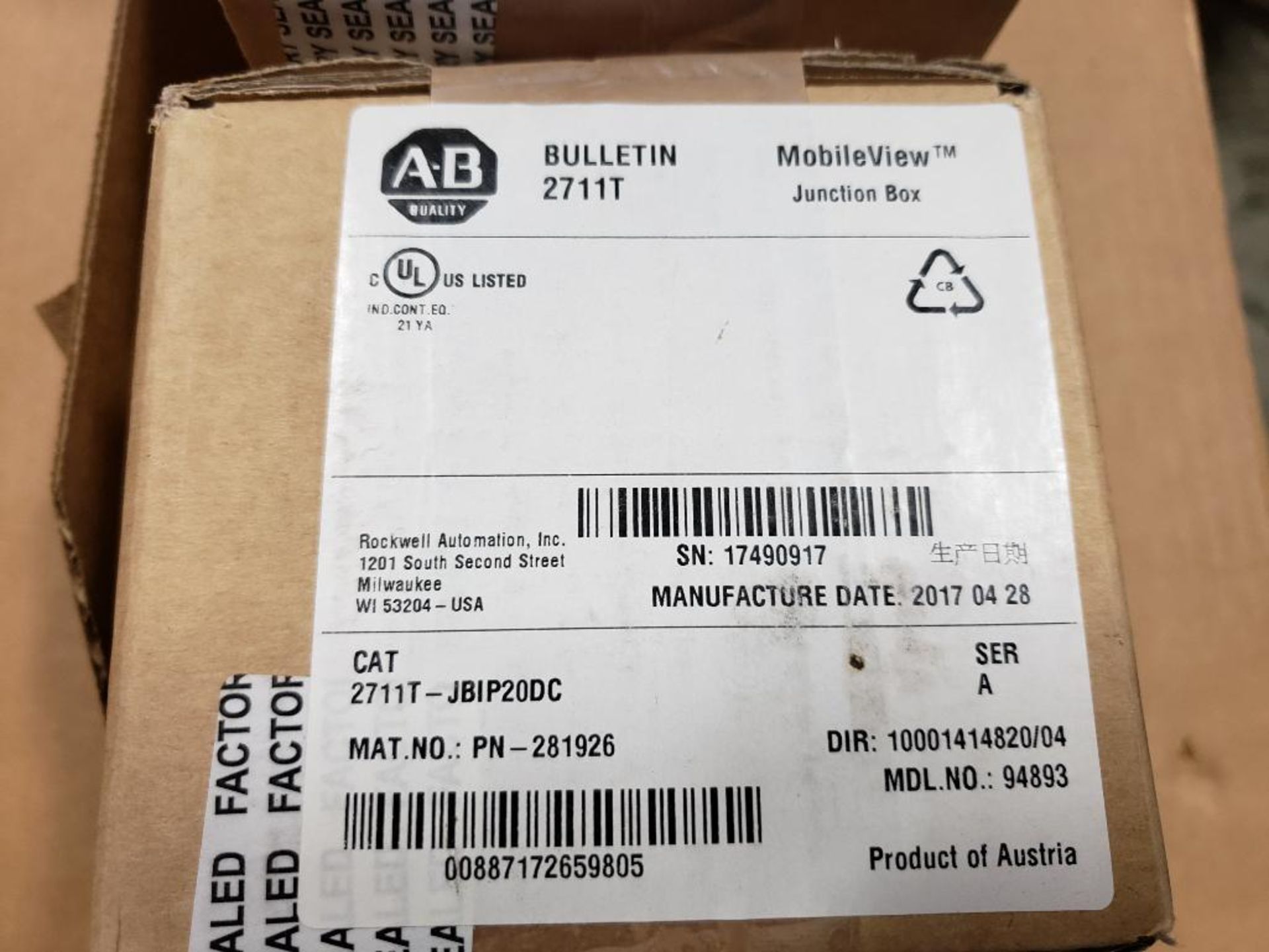 Qty 2 - Allen Bradley 2711T-JBIP20DS MobileView Junction Box. New in Sealed box. - Image 3 of 4