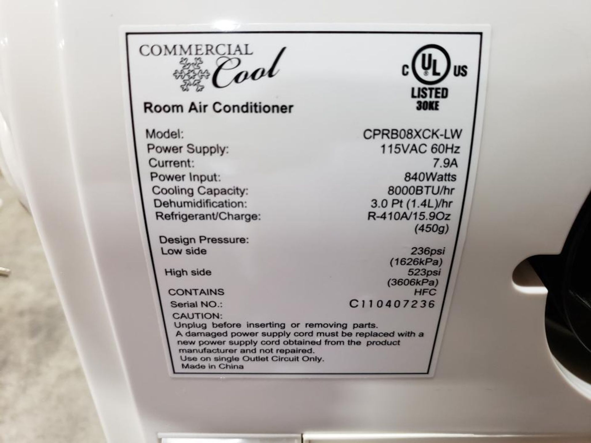 Commercial Cool room air conditioner CPRB08XCX-LW. 115VAC, 8000BTU. - Image 9 of 9