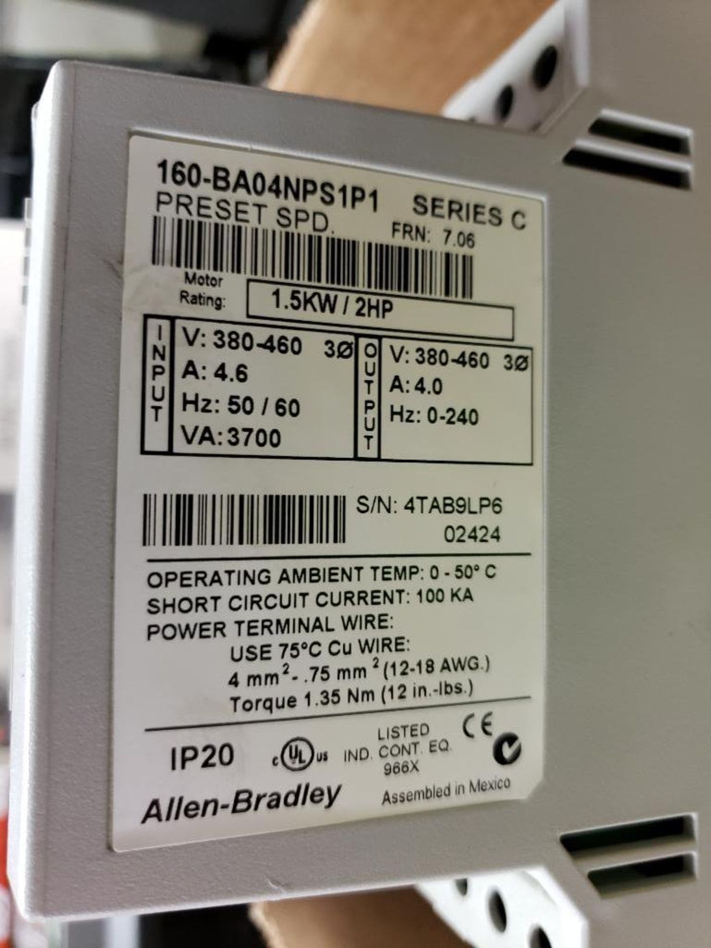 Qty 2 - Allen Bradley 1.5kw/2HP drive. 160-BA04NPS1P1. - Image 4 of 4