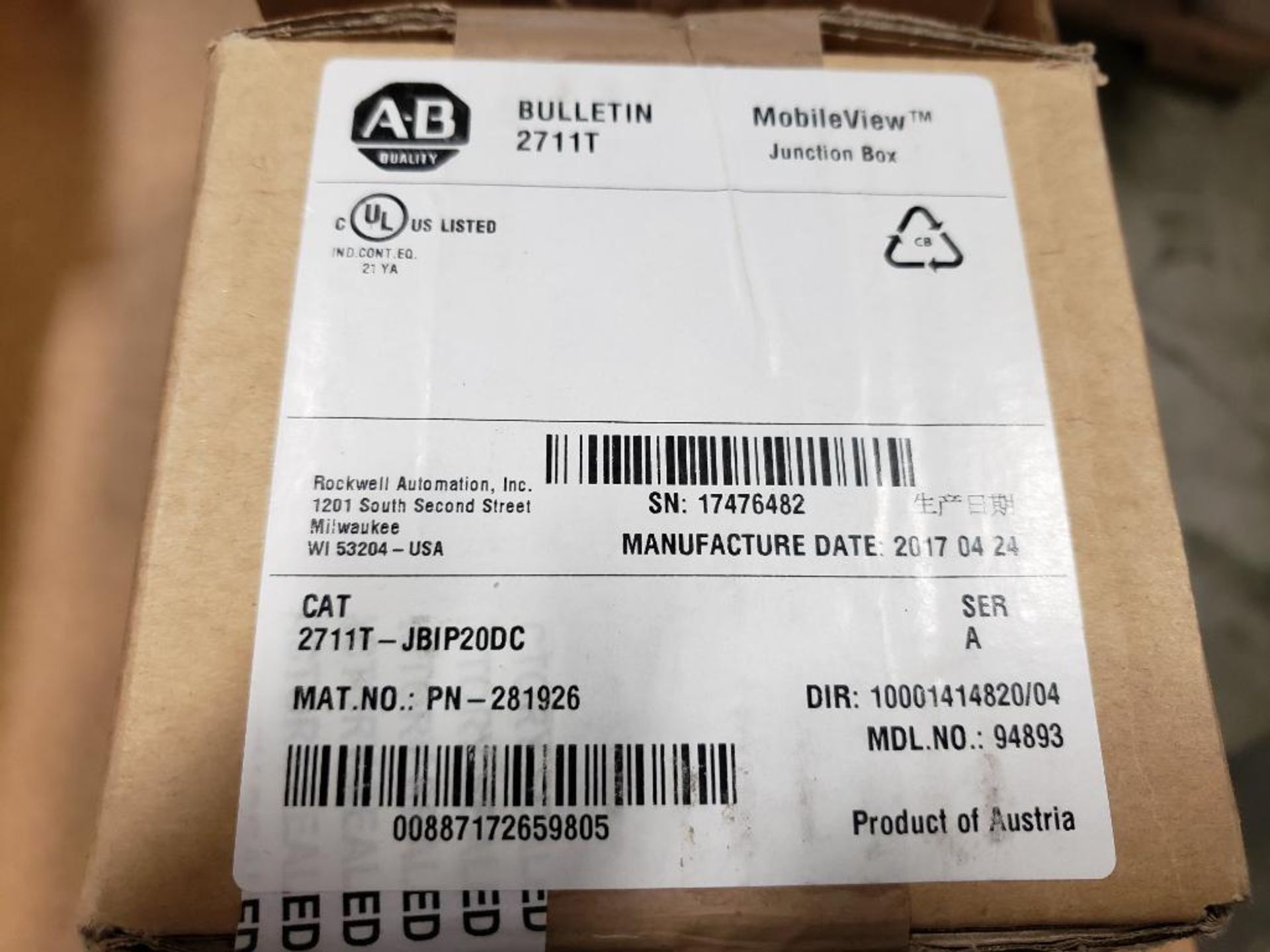 Qty 2 - Allen Bradley 2711T-JBIP20DS MobileView Junction Box. New in Sealed box. - Image 4 of 5