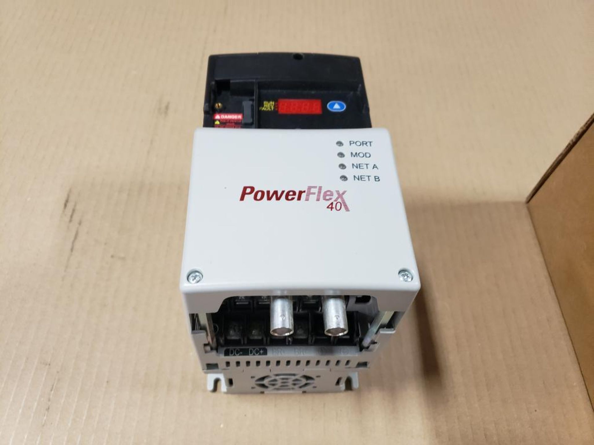 Allen Bradley Powerflex 40 drive. Catalog 22D-D4P0N104. Includes and comm modules.