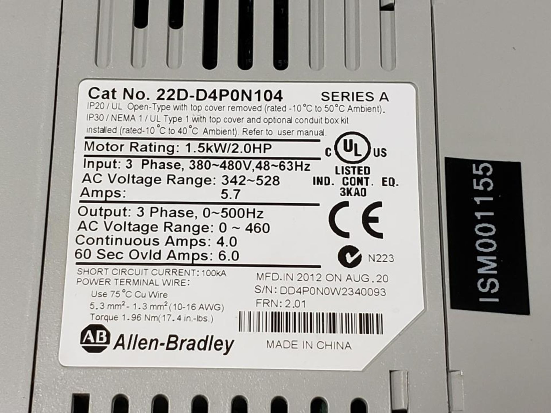 Allen Bradley Powerflex 40 drive. Catalog 22D-D4P0N104. - Image 3 of 4