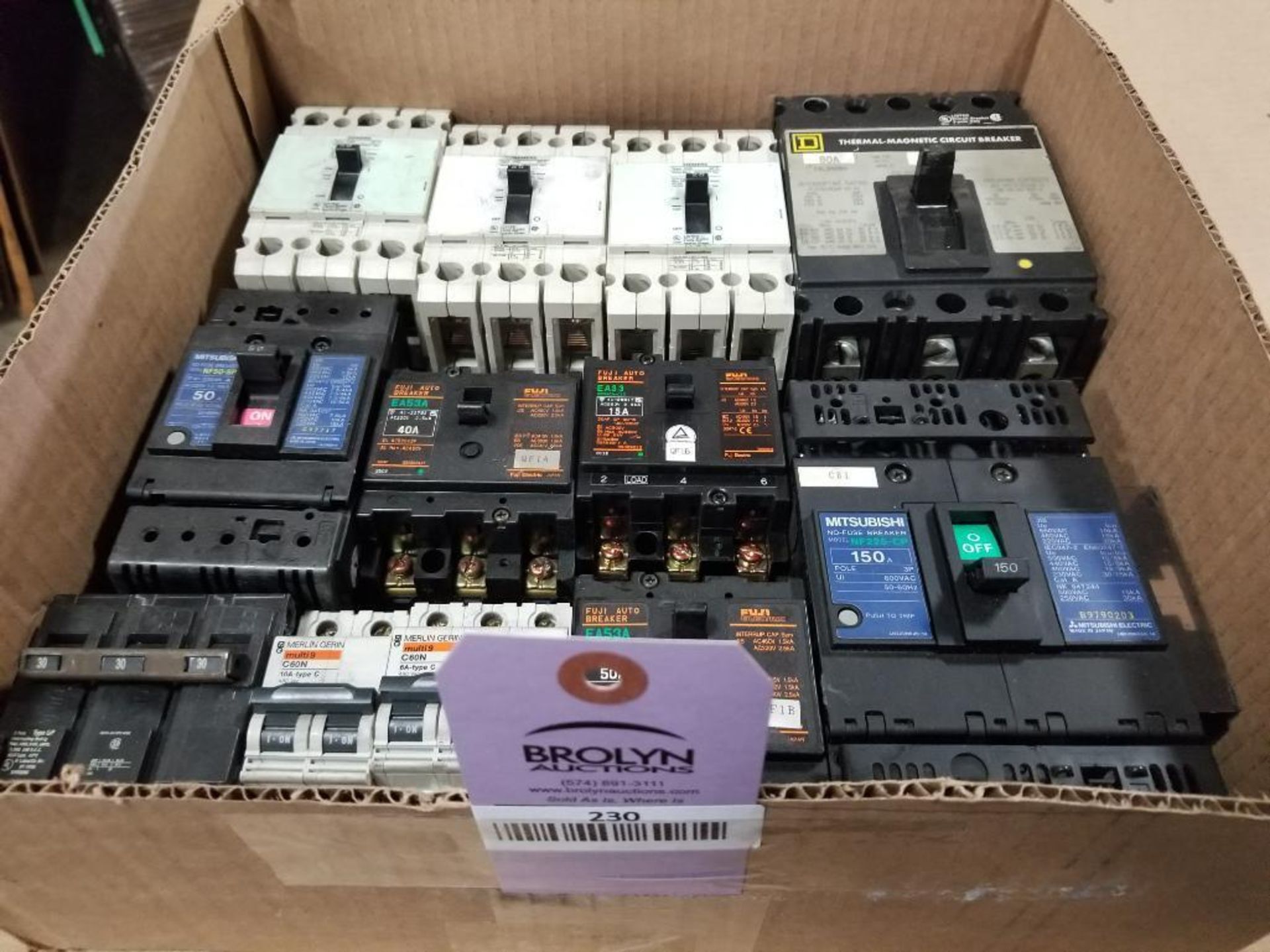 Assorted electrical circuit breaker. Mitsubishi, Fuji, Square-D, Siemens.