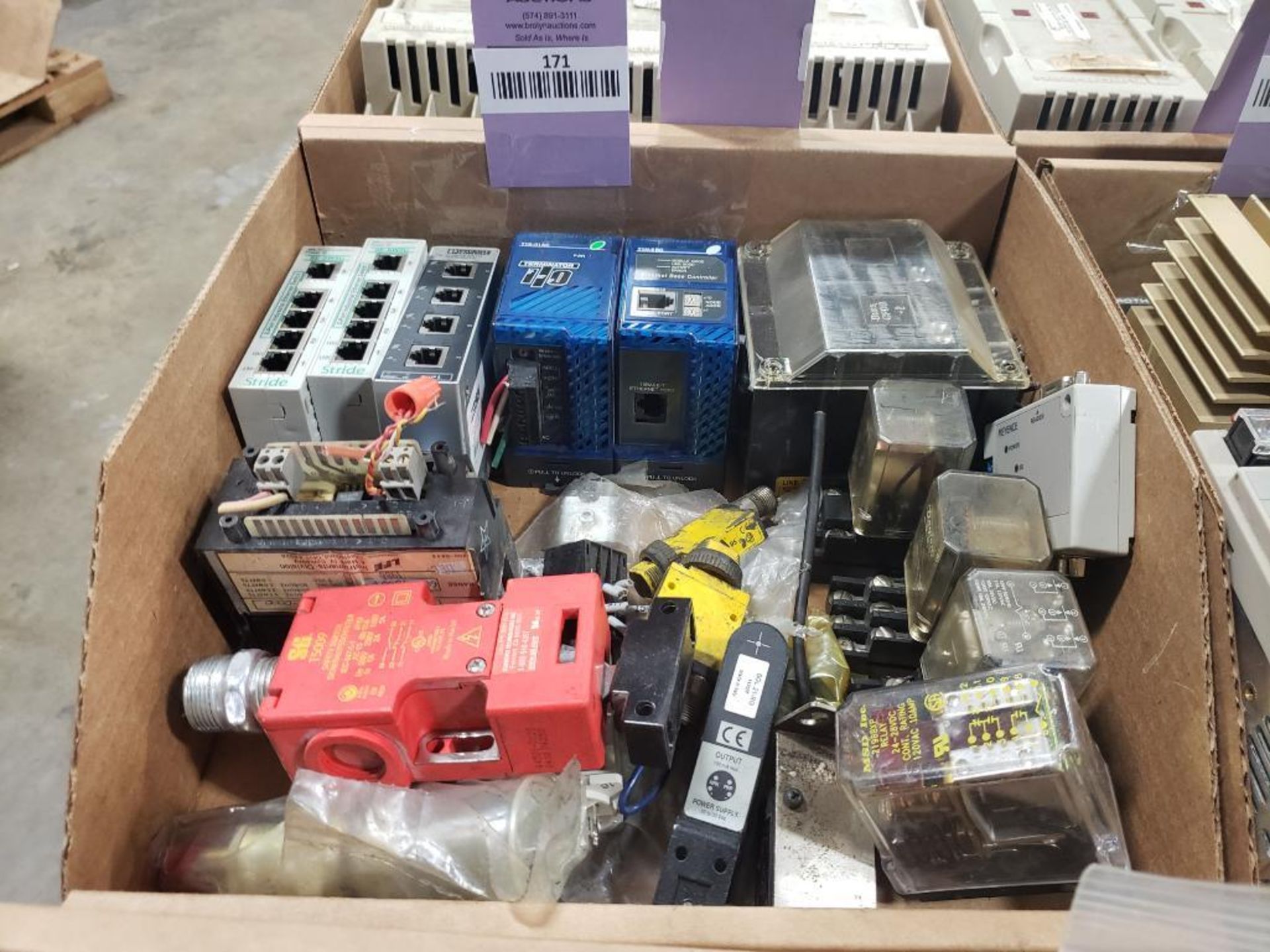 Assorted electrical relays, switches. STI, Banner, Phoenix Contact, Automation Direct.
