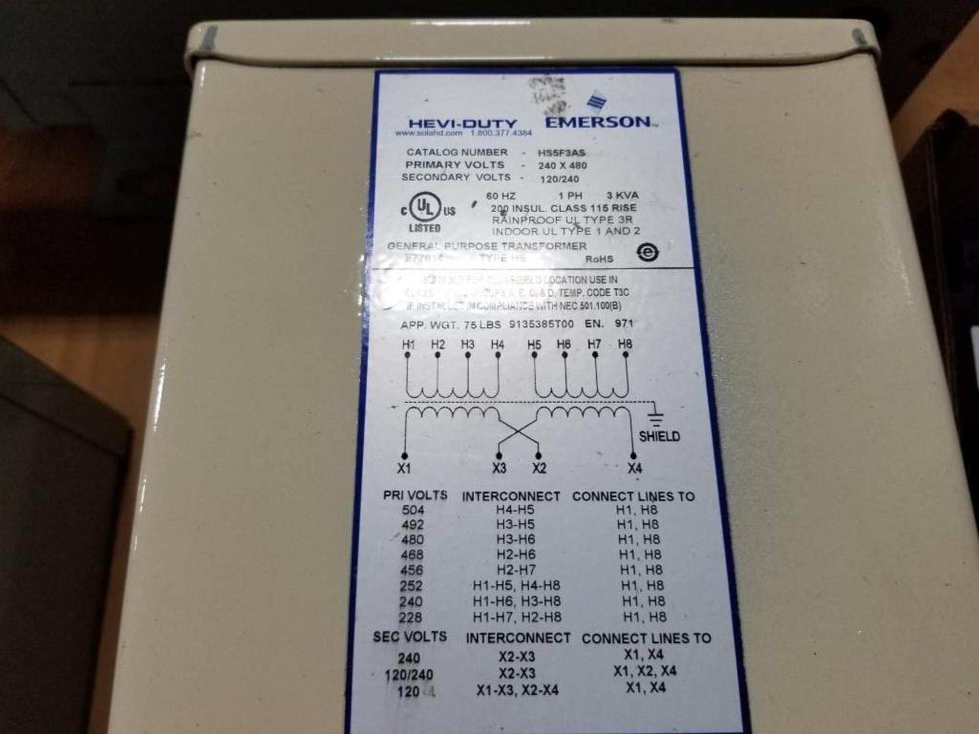 3kVA Emerson Hevi-Duty general purpose transformer. HS5F3AS. - Image 3 of 3