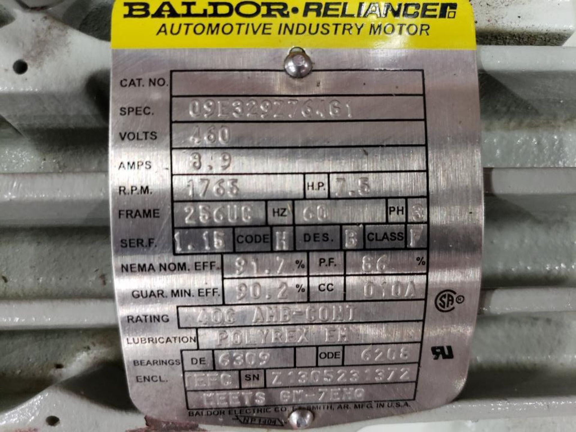 7.5HP Baldor Reliance automotive industry motor 09E329Z764G1. 3PH, 460V, 1765RPM, 256UC-Frame. - Image 3 of 6