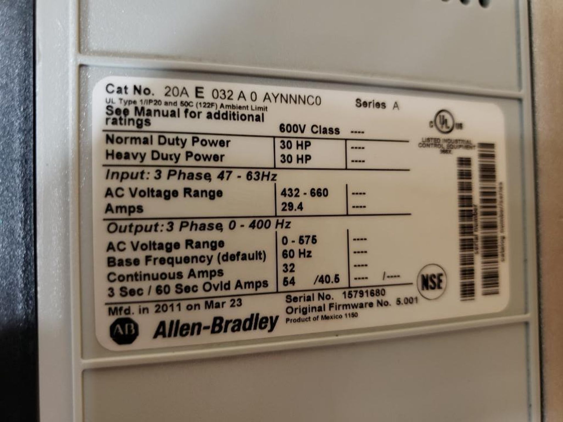 30HP Allen Bradley Power Flex 70 adjustable frequency AC drive. 20A-E-032A0AYNNNC0. - Image 5 of 8