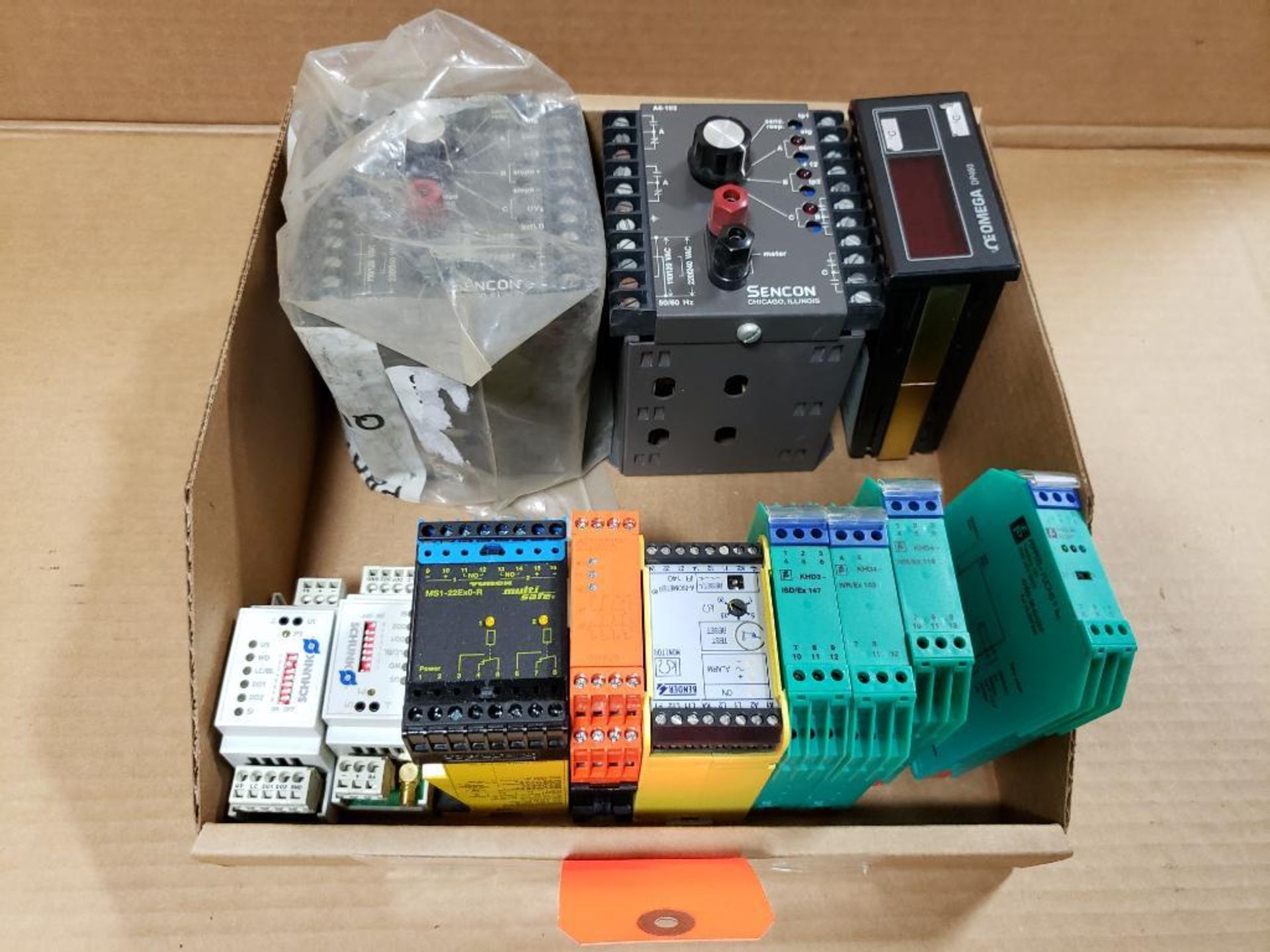 Assorted electrical relay, panel meter, process controller. Sencon, Omega, Shunk.