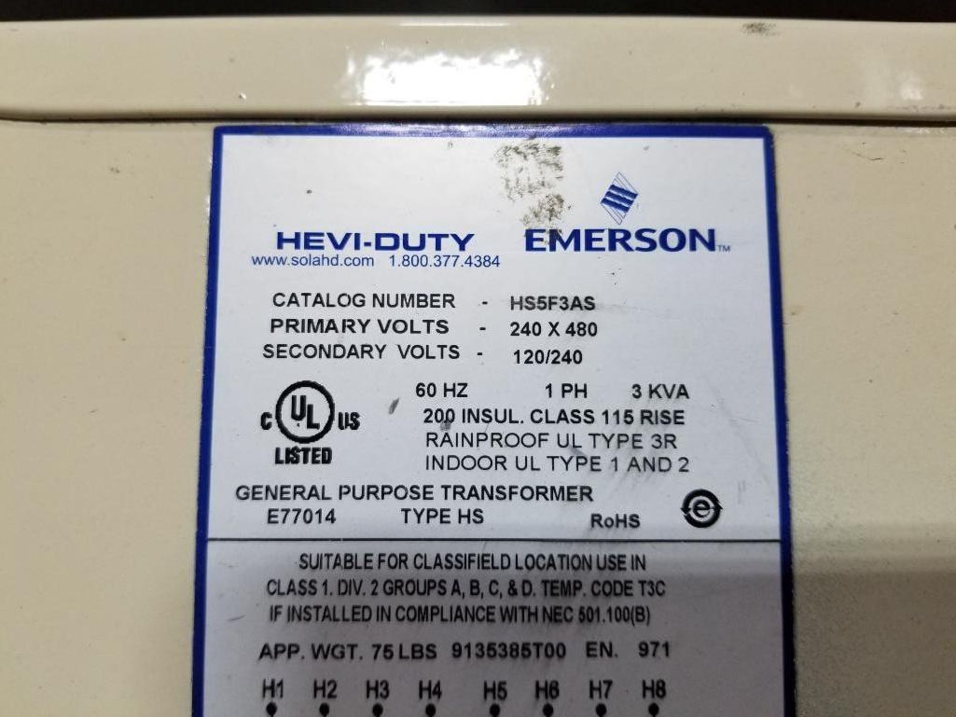 3kVA Emerson Hevi-Duty general purpose transformer. HS5F3AS. - Image 2 of 3