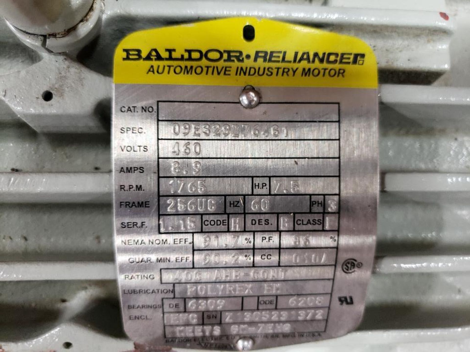 7.5HP Baldor Reliance automotive industry motor 09E329Z764G1. 3PH, 460V, 1765RPM, 256UC-Frame. - Image 5 of 6