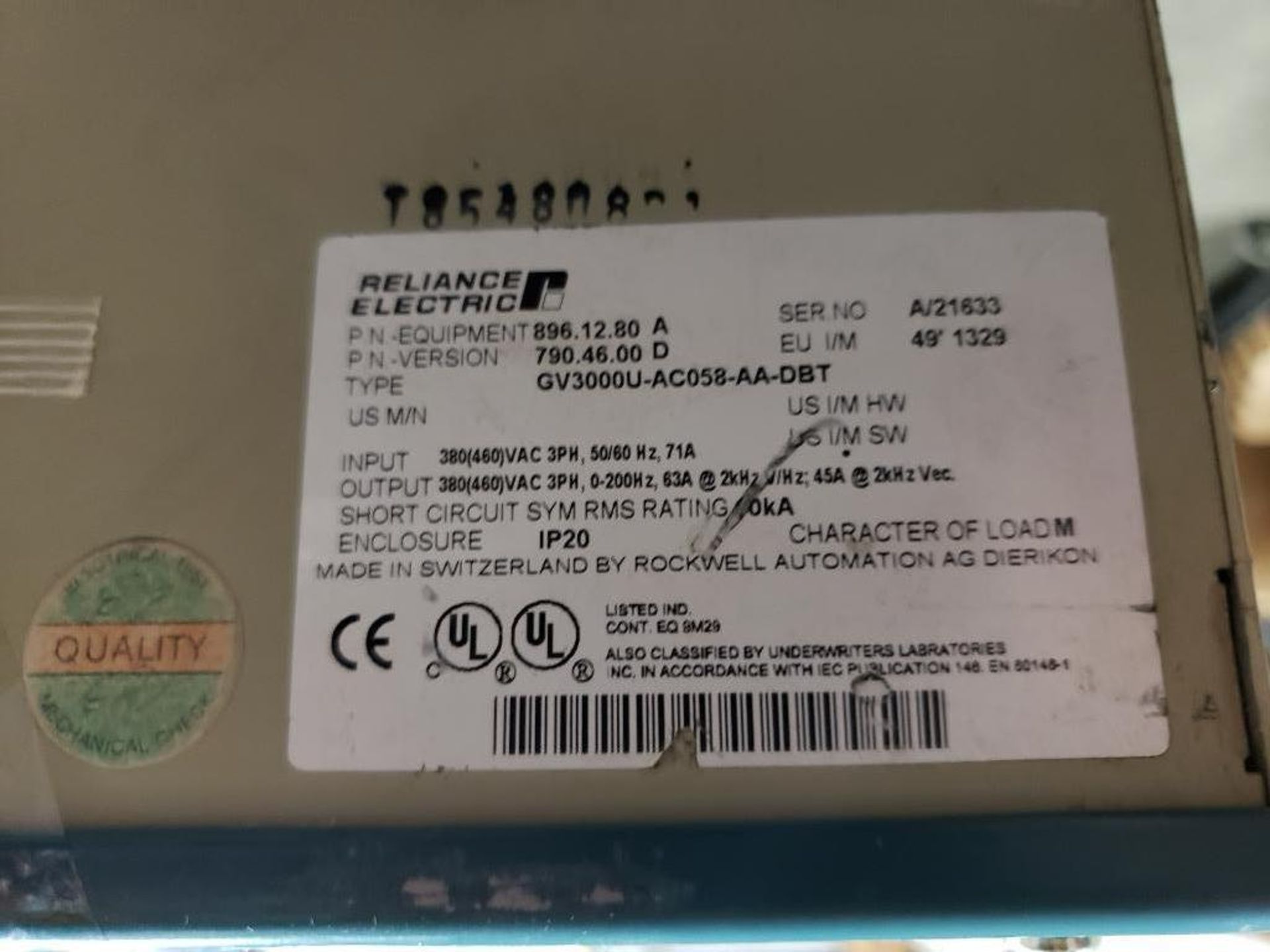 Reliance Electric GV3000/SE Sensorless enhanced AC drive. GV3000U-AC058-AA0DBT, P/N: 896.12.80A. - Image 6 of 7