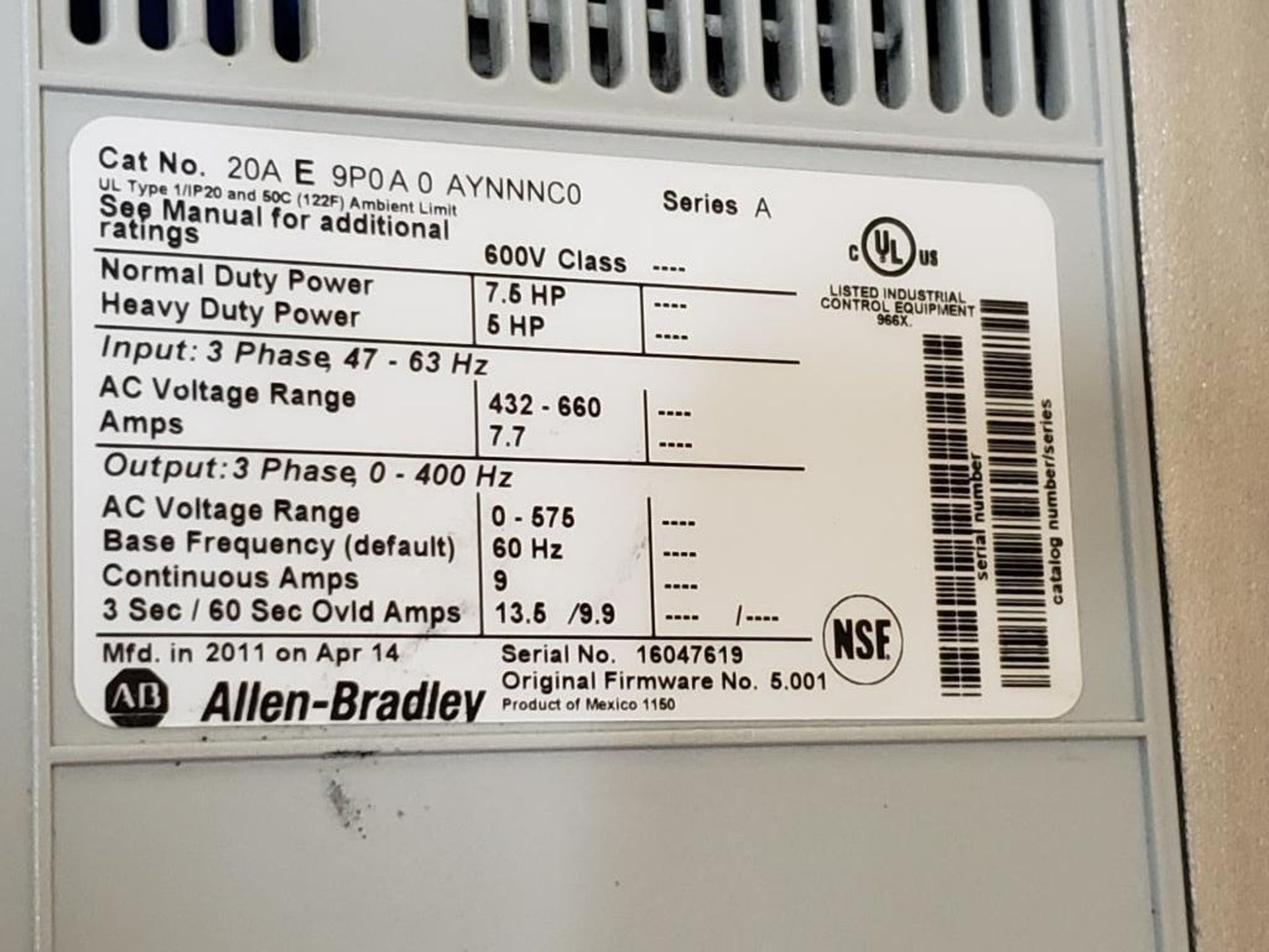 7.5HP Allen Bradley Power Flex 70 adjustable frequency AC drive. 20A-E-9P0A0AYNNNC0. - Image 5 of 10
