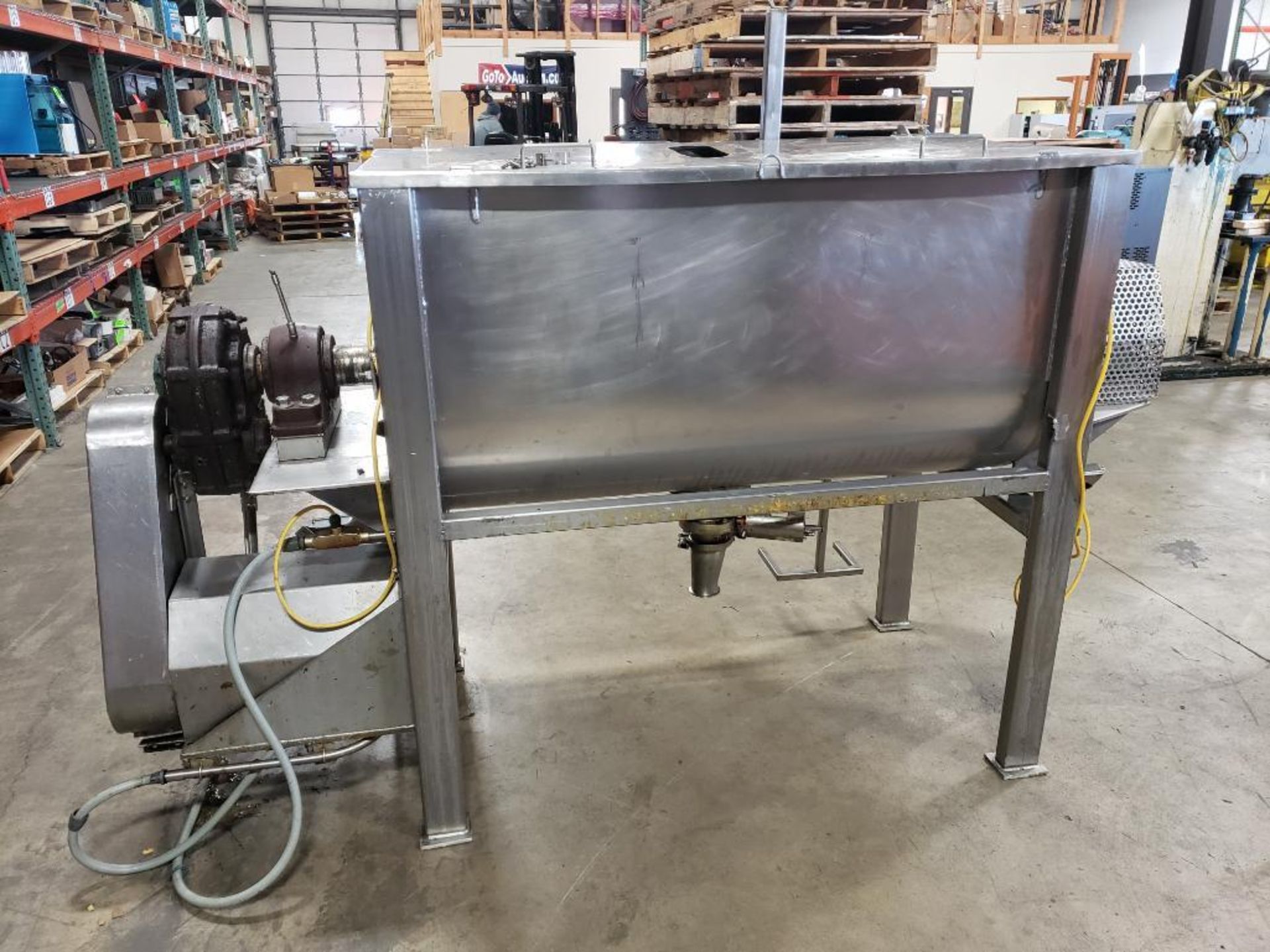 10hp 25 cu ft (est) Industrial food process ribbon mixer. Appears to be 316 stainless construction.